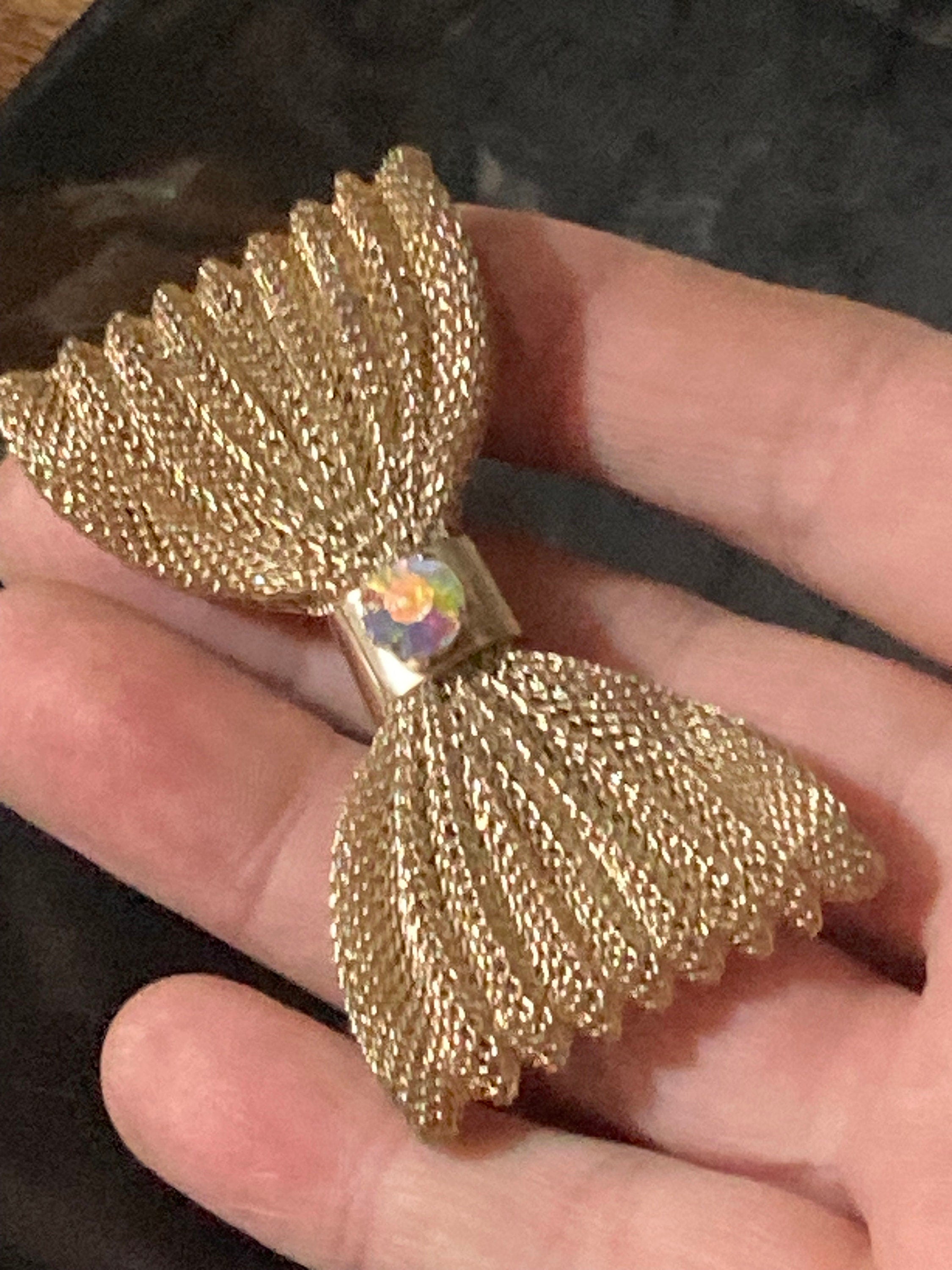 Large vintage AB diamanté mesh bow brooch MCM gold tone 6.5cm 1960s