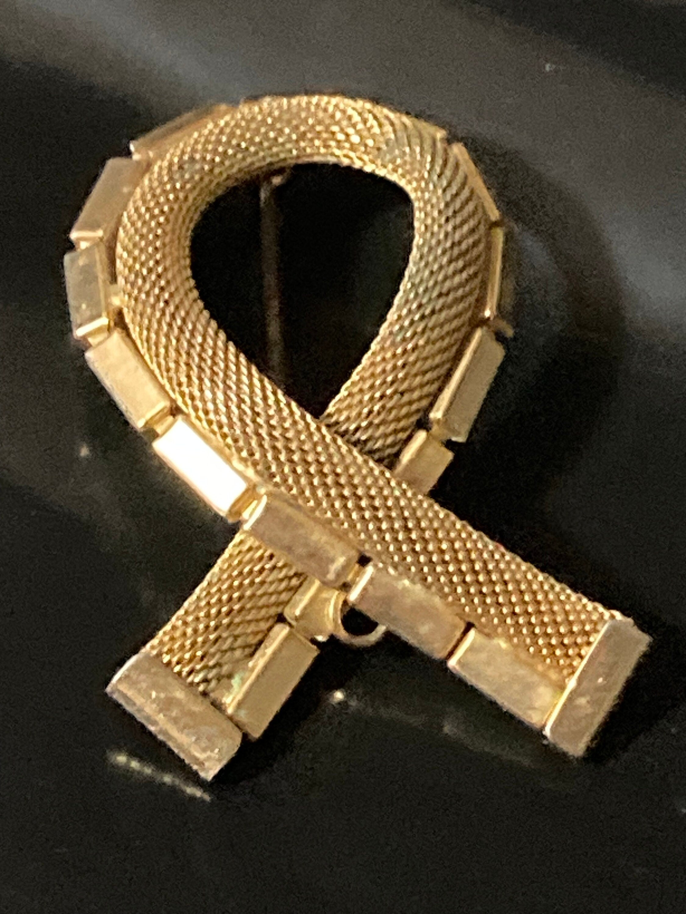 Large vintage mesh ribbon bow brooch MCM gold tone 5cm 1960s