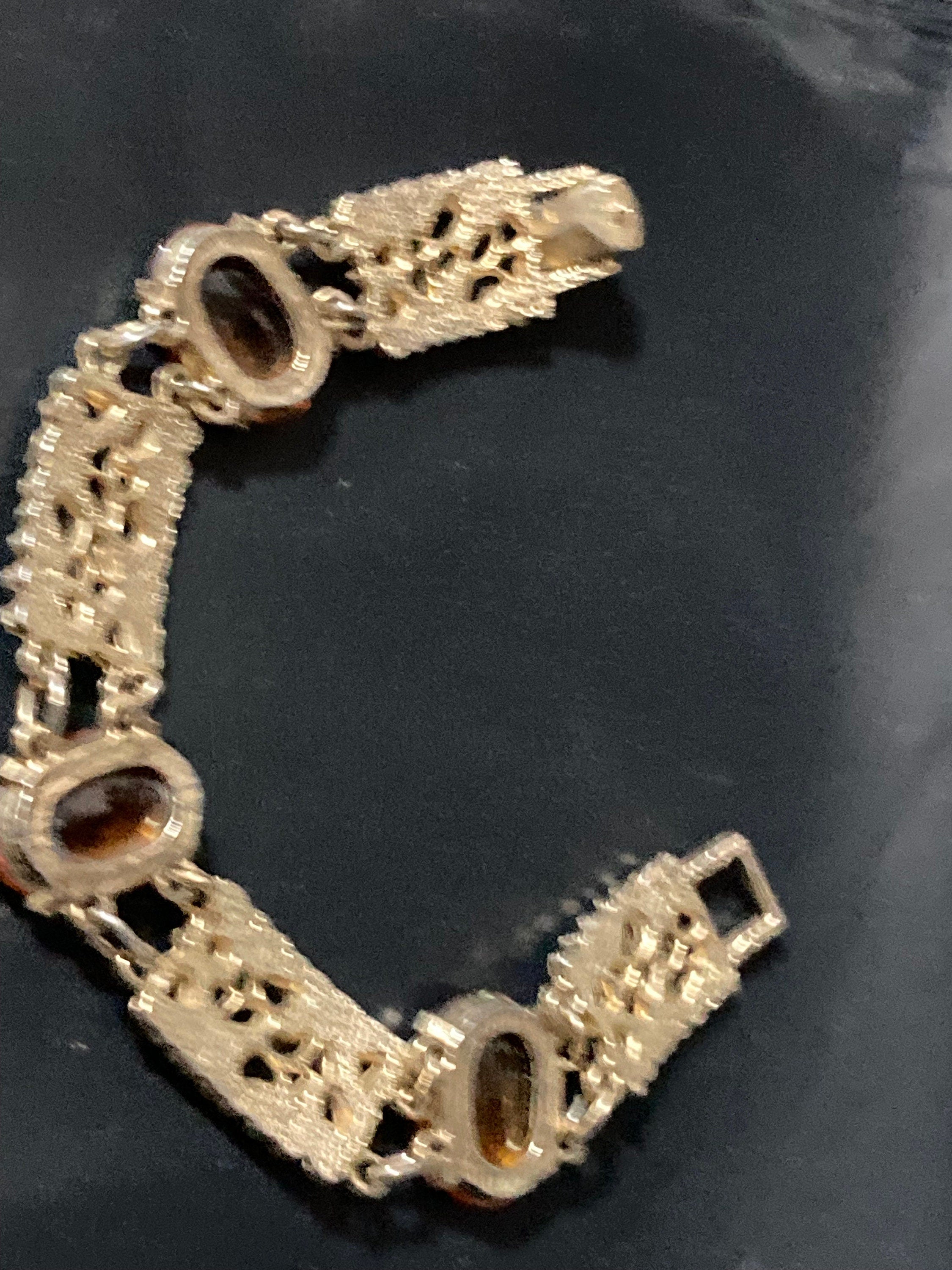 Vintage citrine Glass cocktail bracelet Gold Tone panel link 1960s MCM