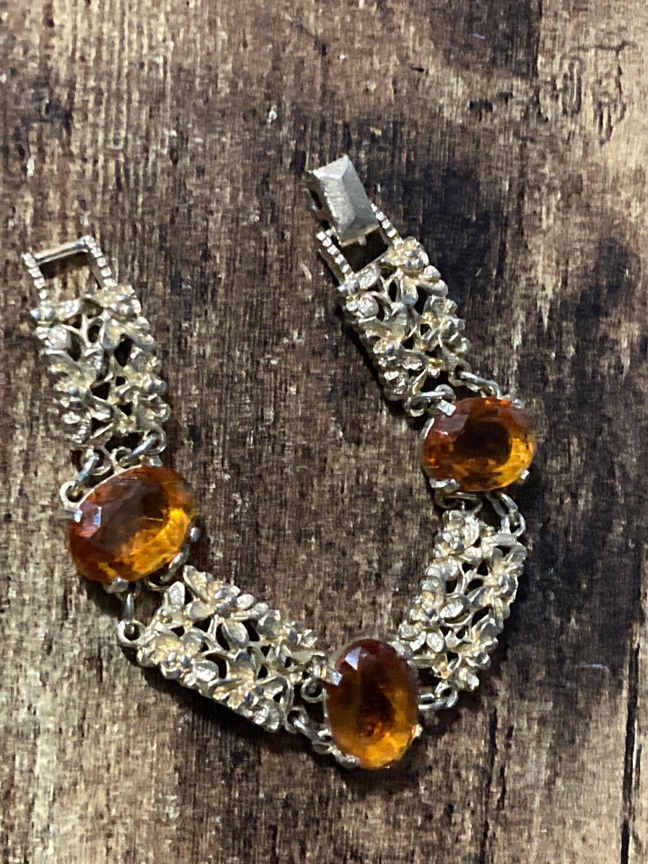 Vintage citrine Glass cocktail bracelet Gold Tone panel link 1960s MCM