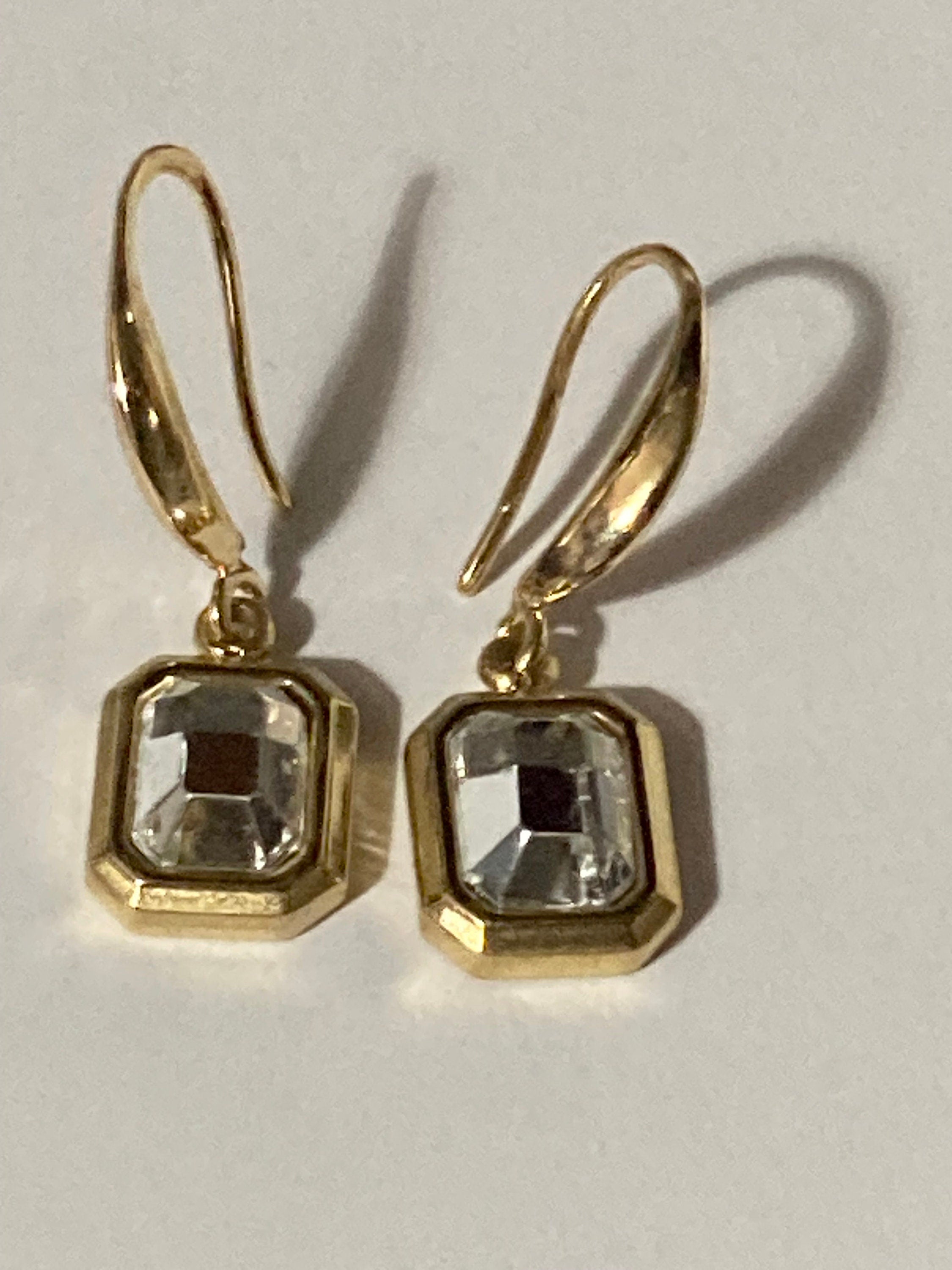 18k gold plated crystal diamanté clear Octagonal drop charm earrings