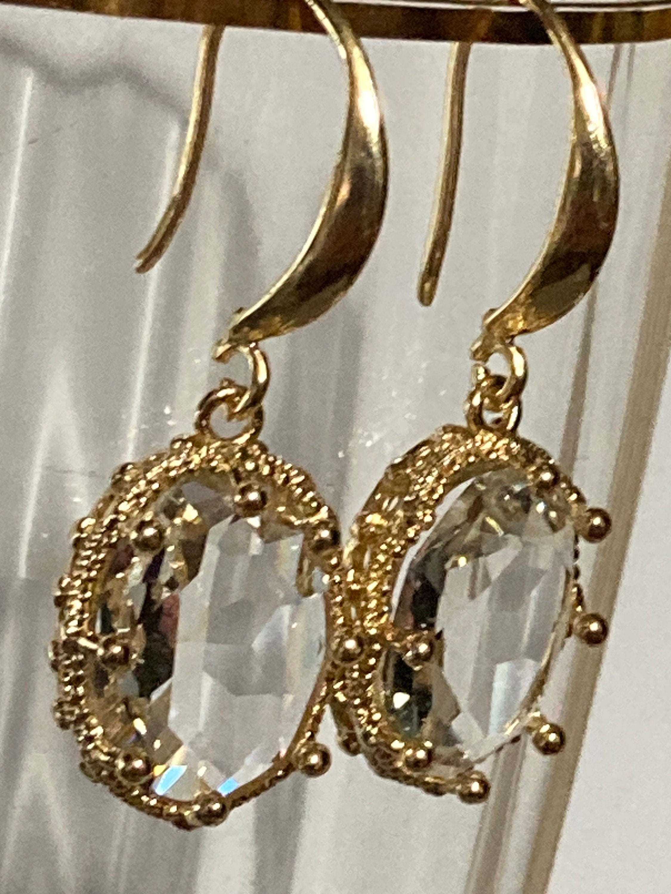 18k gold plated clear crystal diamanté cabochon drop charm earrings