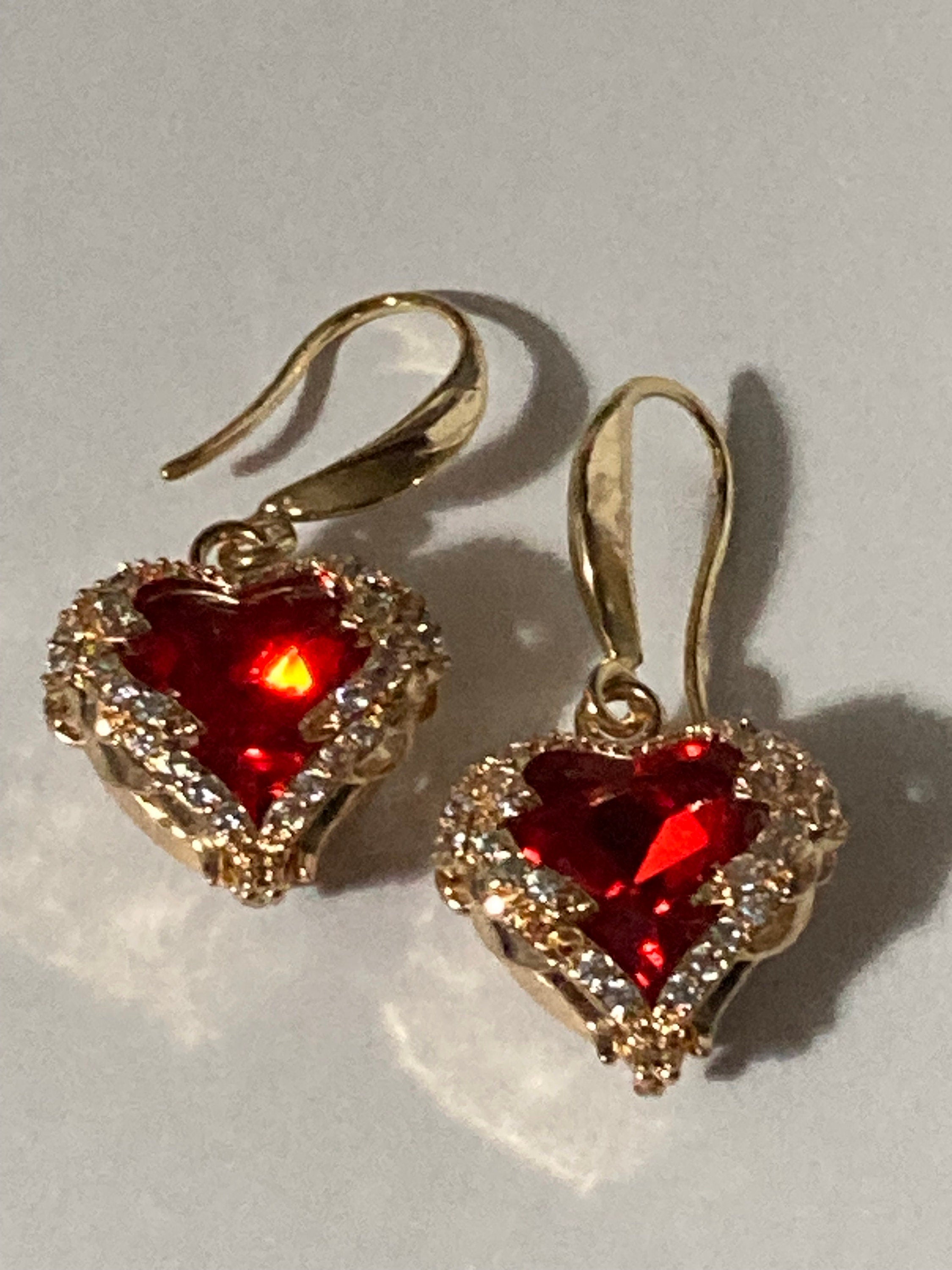 18k gold plated ruby red love heart crystal cabochon drop charm earrings