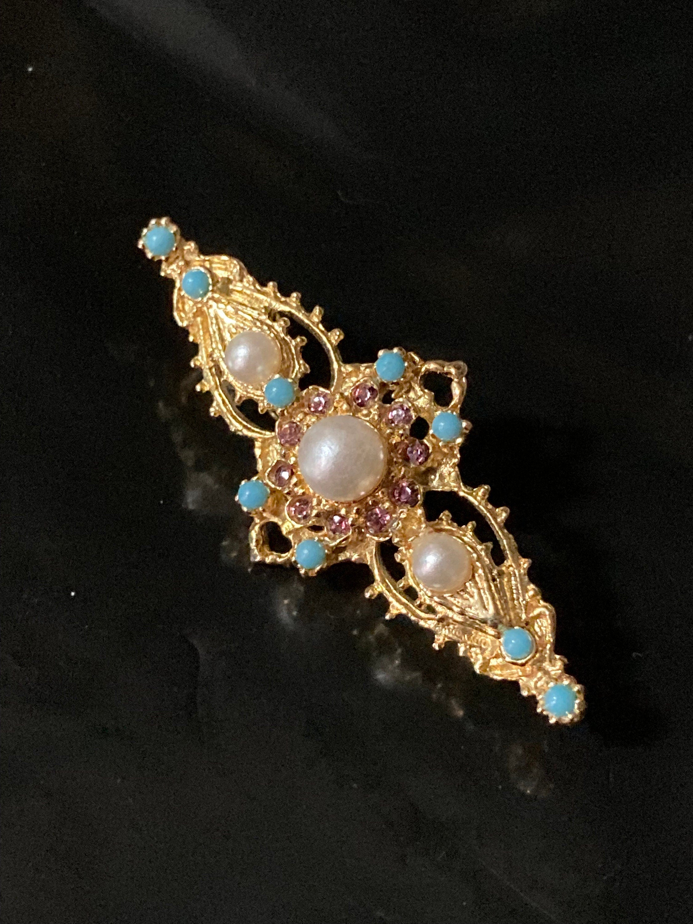 vintage gold tone turquoise bead & seed pearl bar brooch