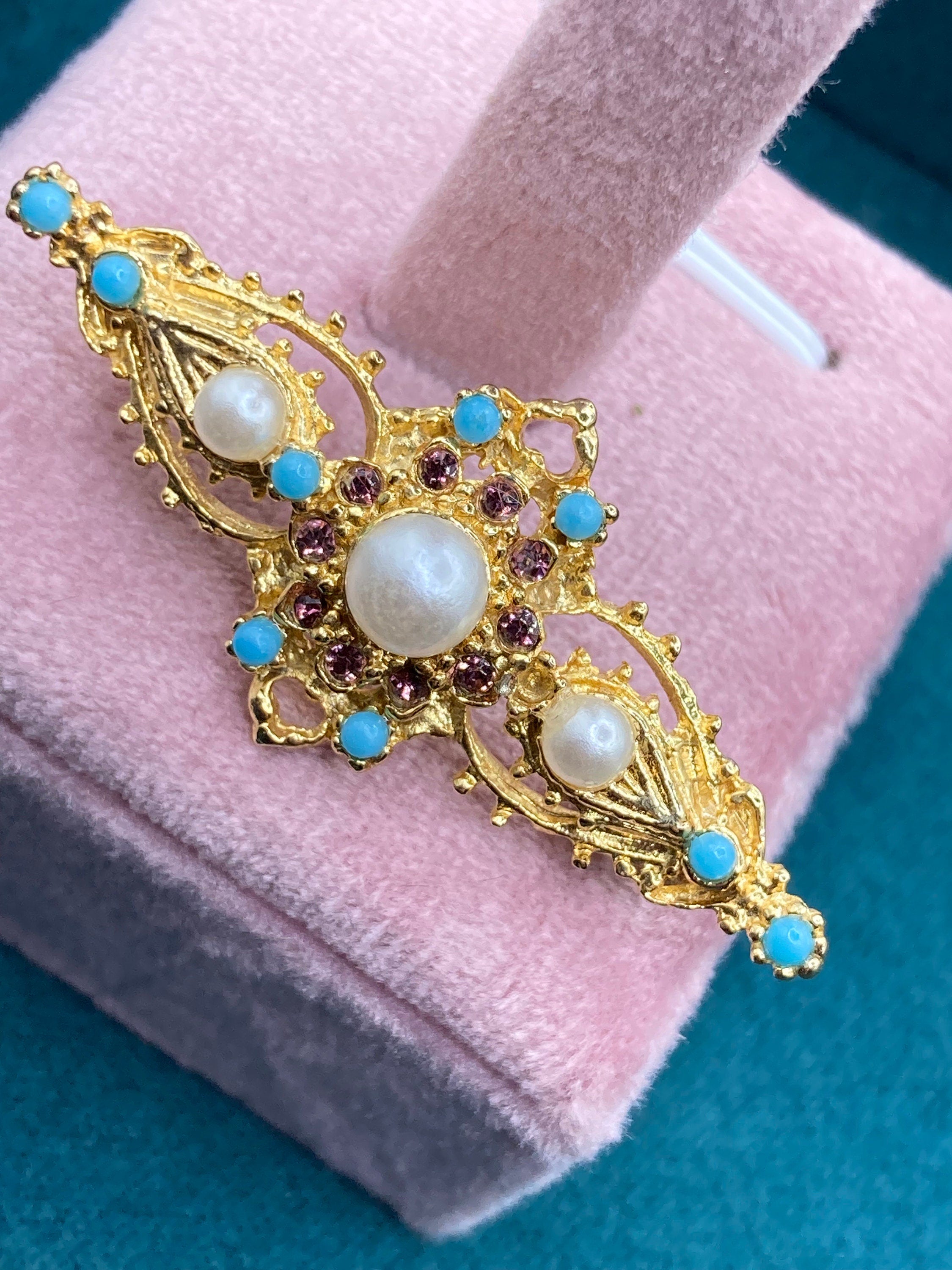 vintage gold tone turquoise bead & seed pearl bar brooch