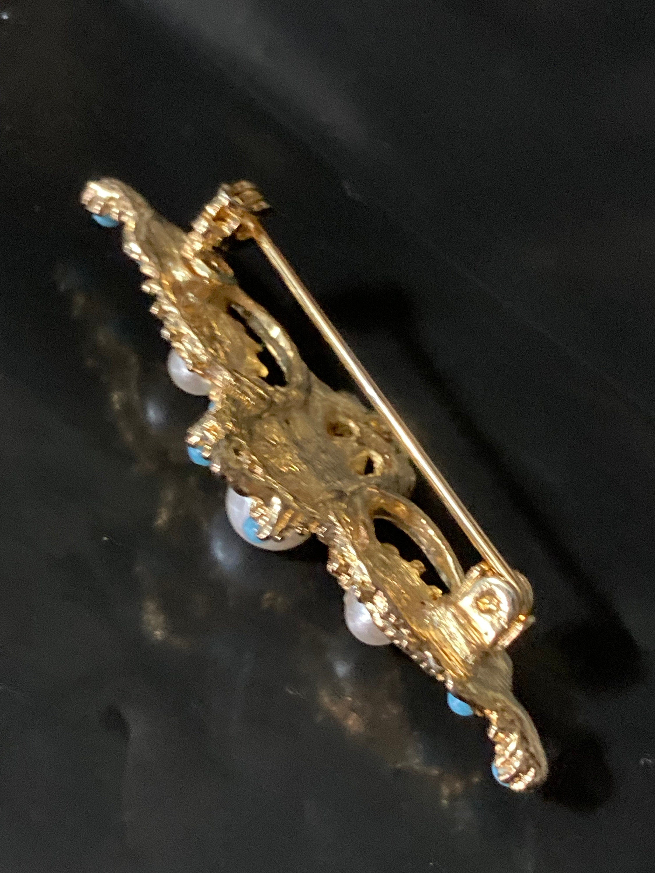 vintage gold tone turquoise bead & seed pearl bar brooch