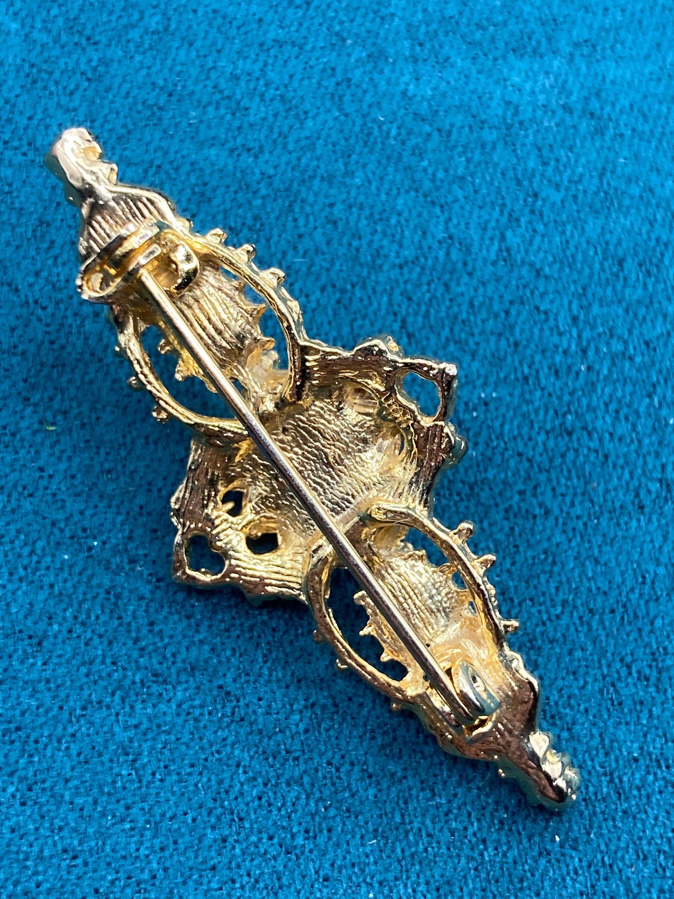 vintage gold tone turquoise bead & seed pearl bar brooch