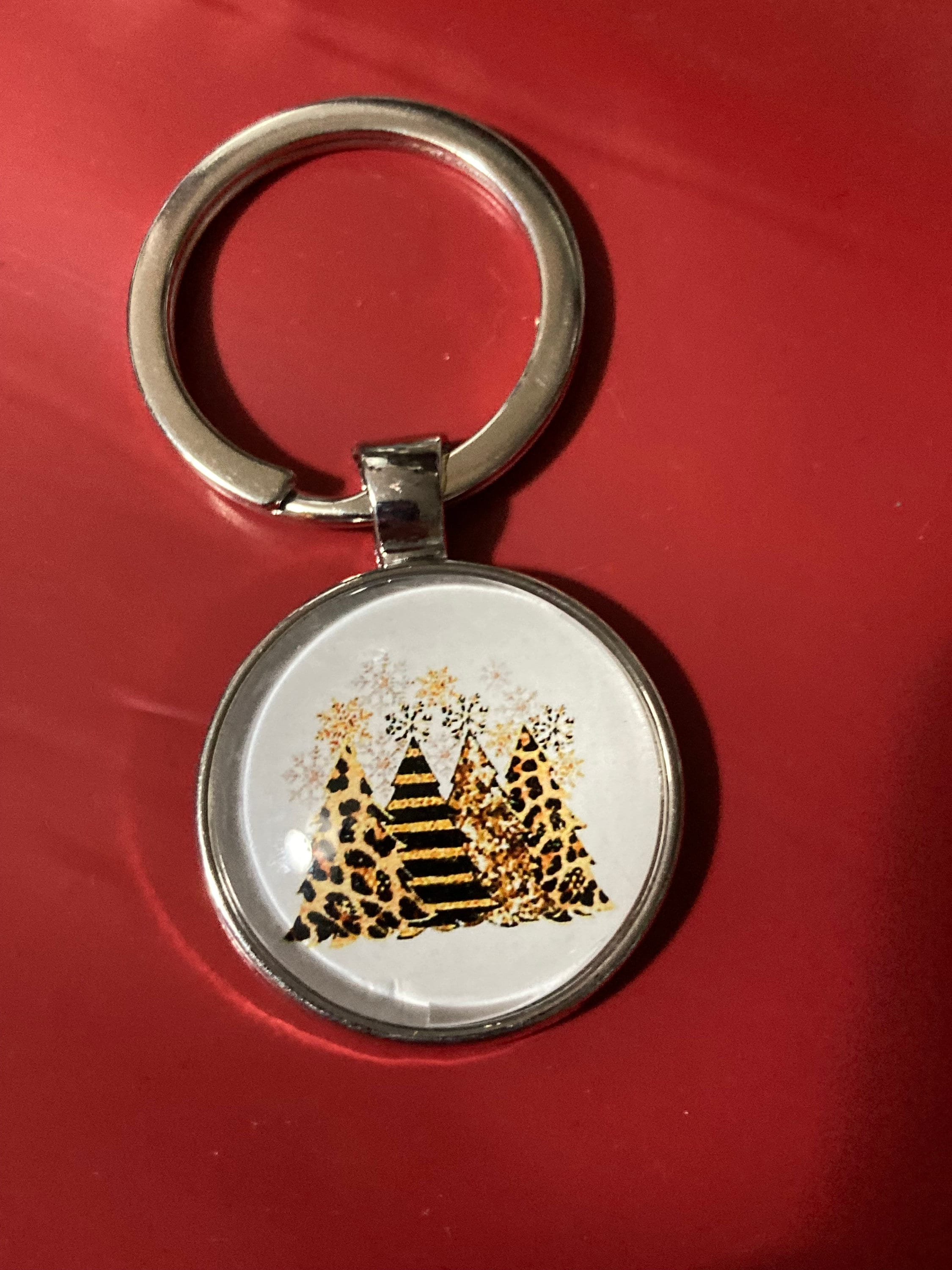 Design 3 brown leopard print Christmas trees festive keyring with 25mm glass cabochon