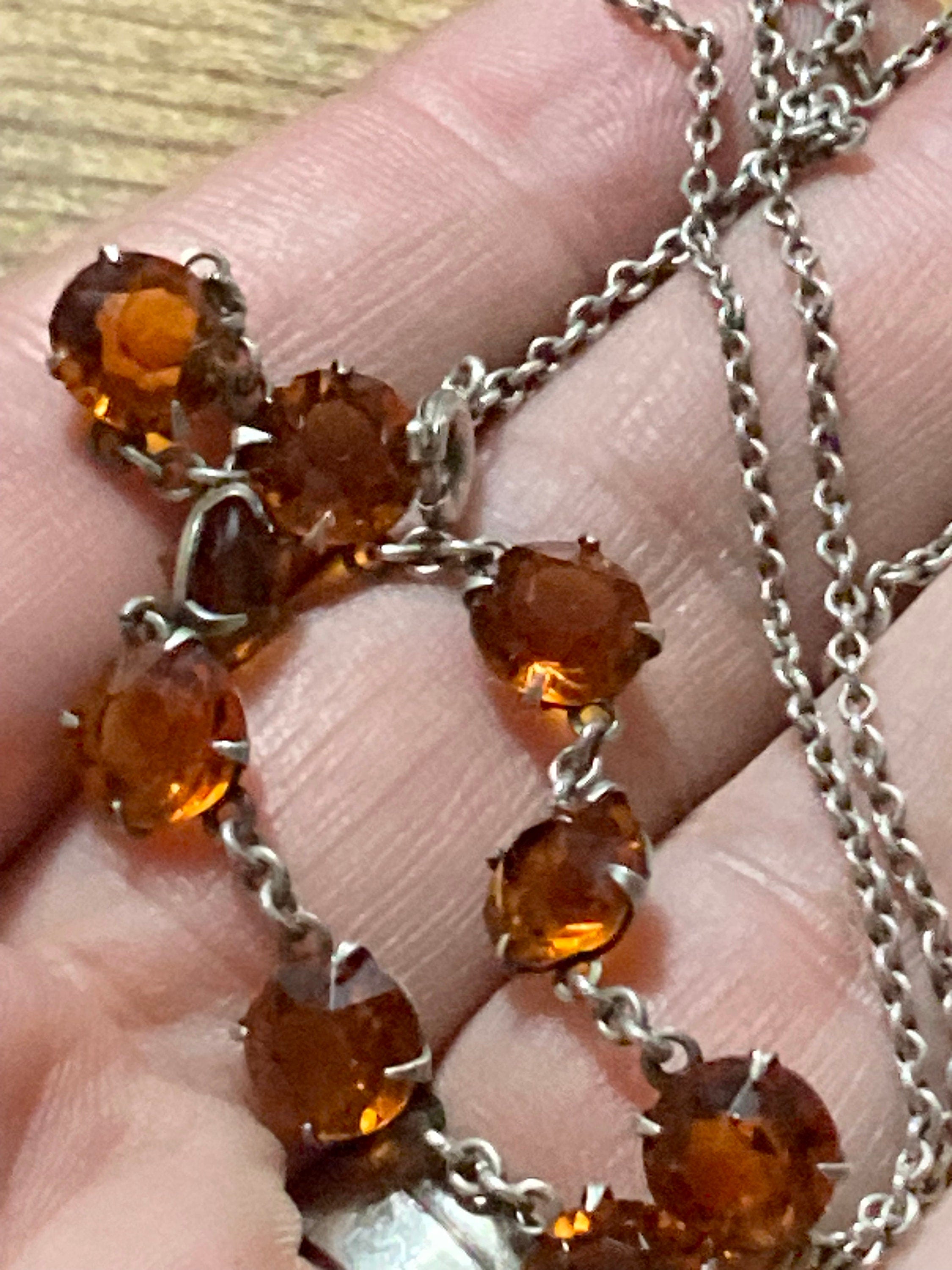 antique 1920s dark orange citrine glass open back crystal Art Deco necklace