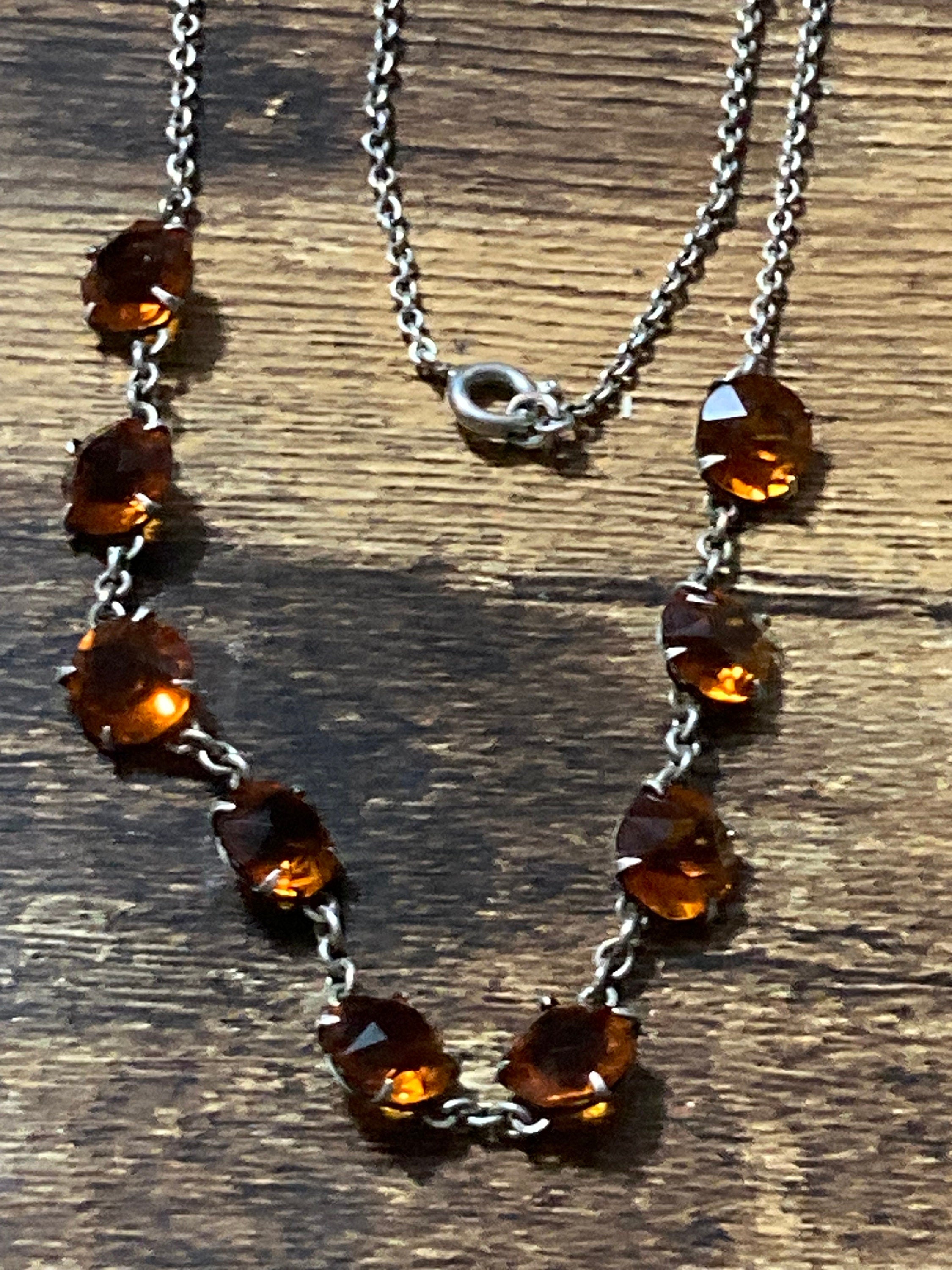 antique 1920s dark orange citrine glass open back crystal Art Deco necklace