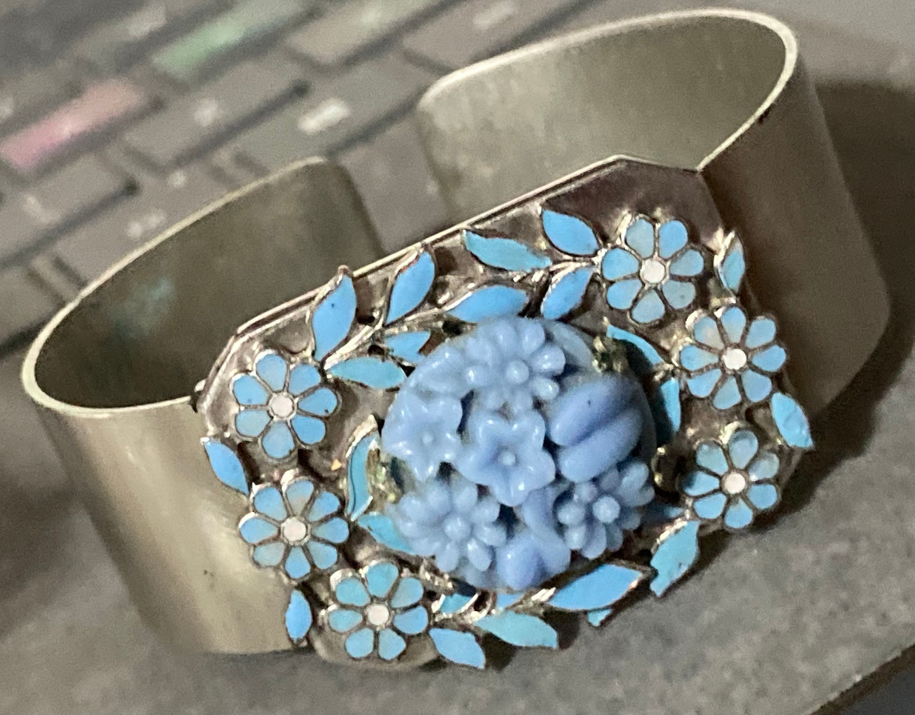 Carved blue glass and enamel floral cabochon wide stainless steel bangle 1970s modernist