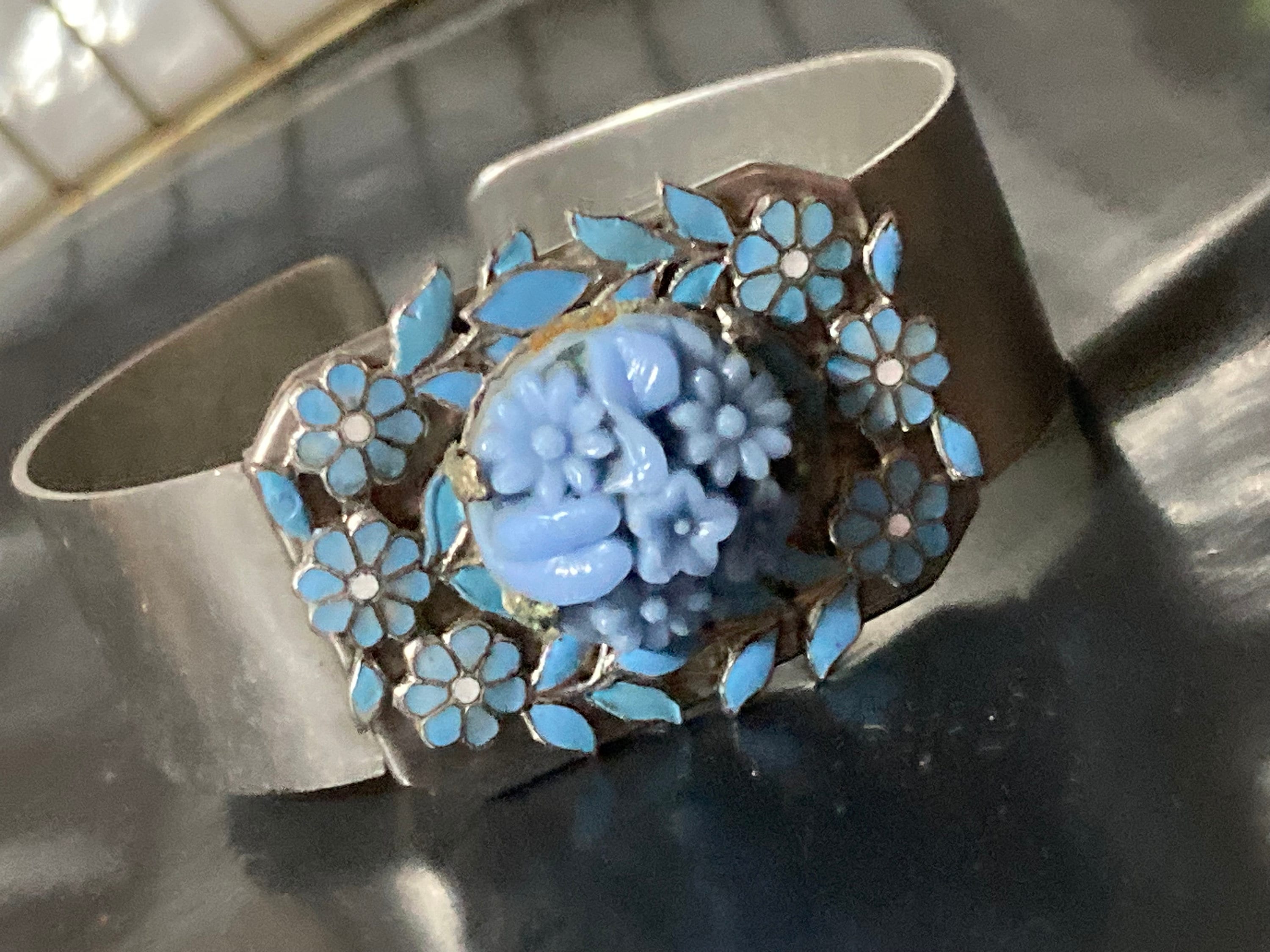 Carved blue glass and enamel floral cabochon wide stainless steel bangle 1970s modernist