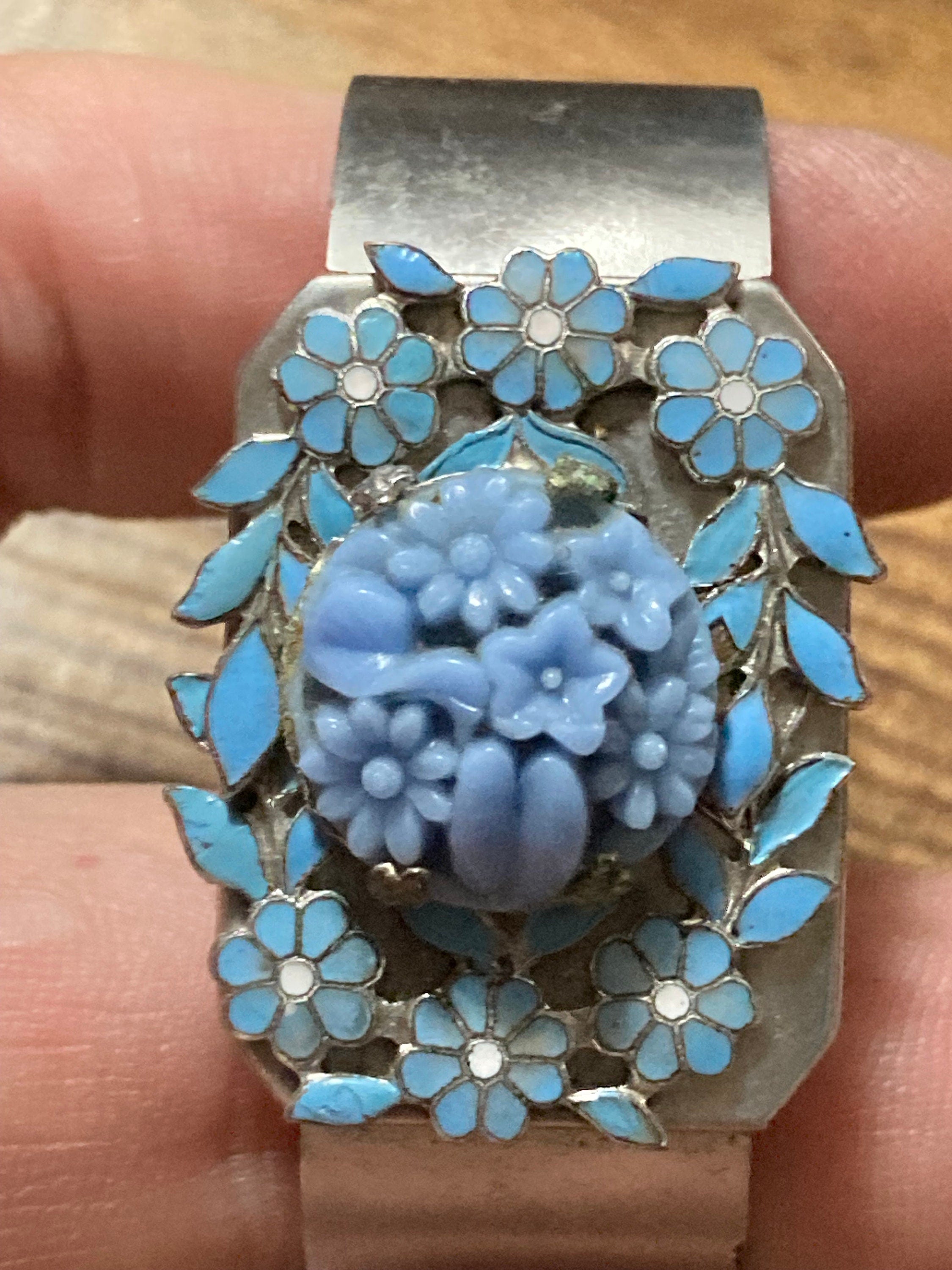 Carved blue glass and enamel floral cabochon wide stainless steel bangle 1970s modernist