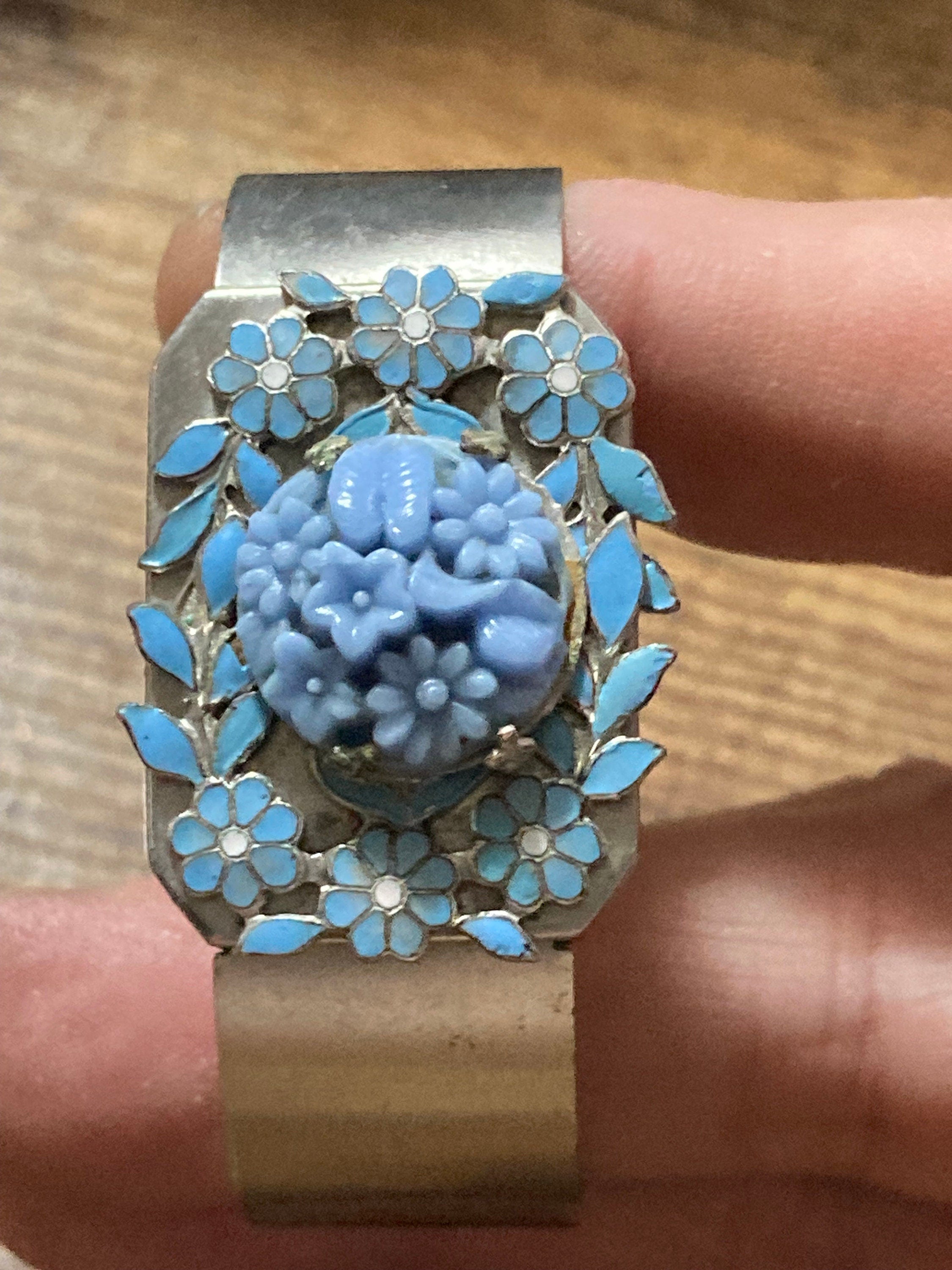 Carved blue glass and enamel floral cabochon wide stainless steel bangle 1970s modernist