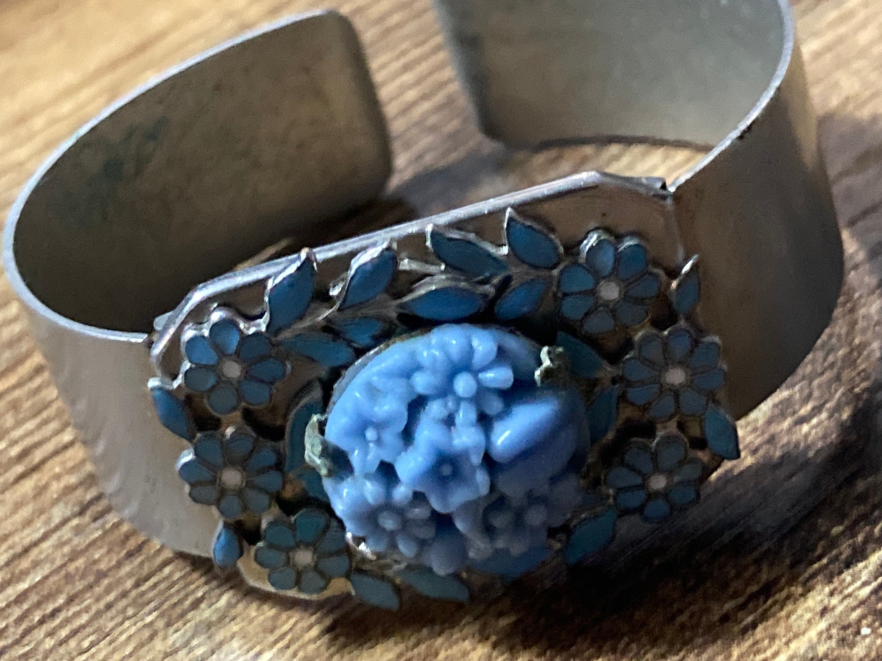 Carved blue glass and enamel floral cabochon wide stainless steel bangle 1970s modernist