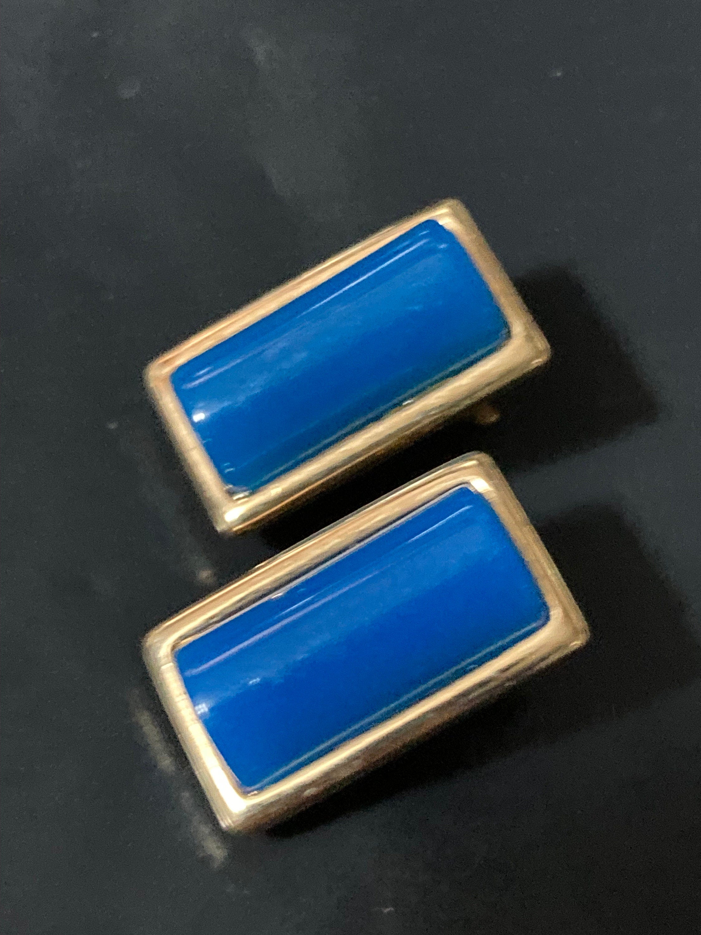 Vintage gold tone clip on rectangular blue cabochon gold stud earrings