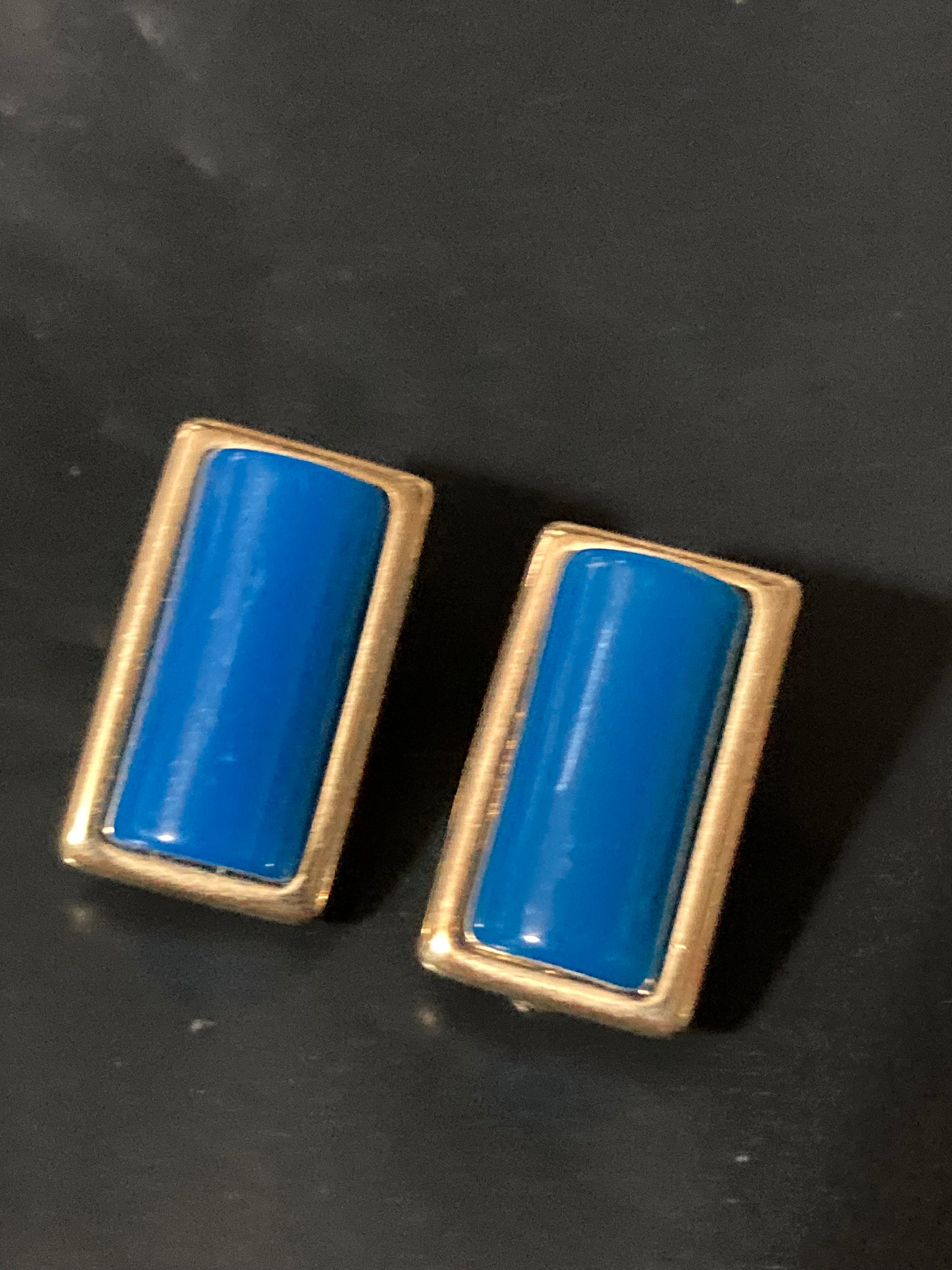 Vintage gold tone clip on rectangular blue cabochon gold stud earrings