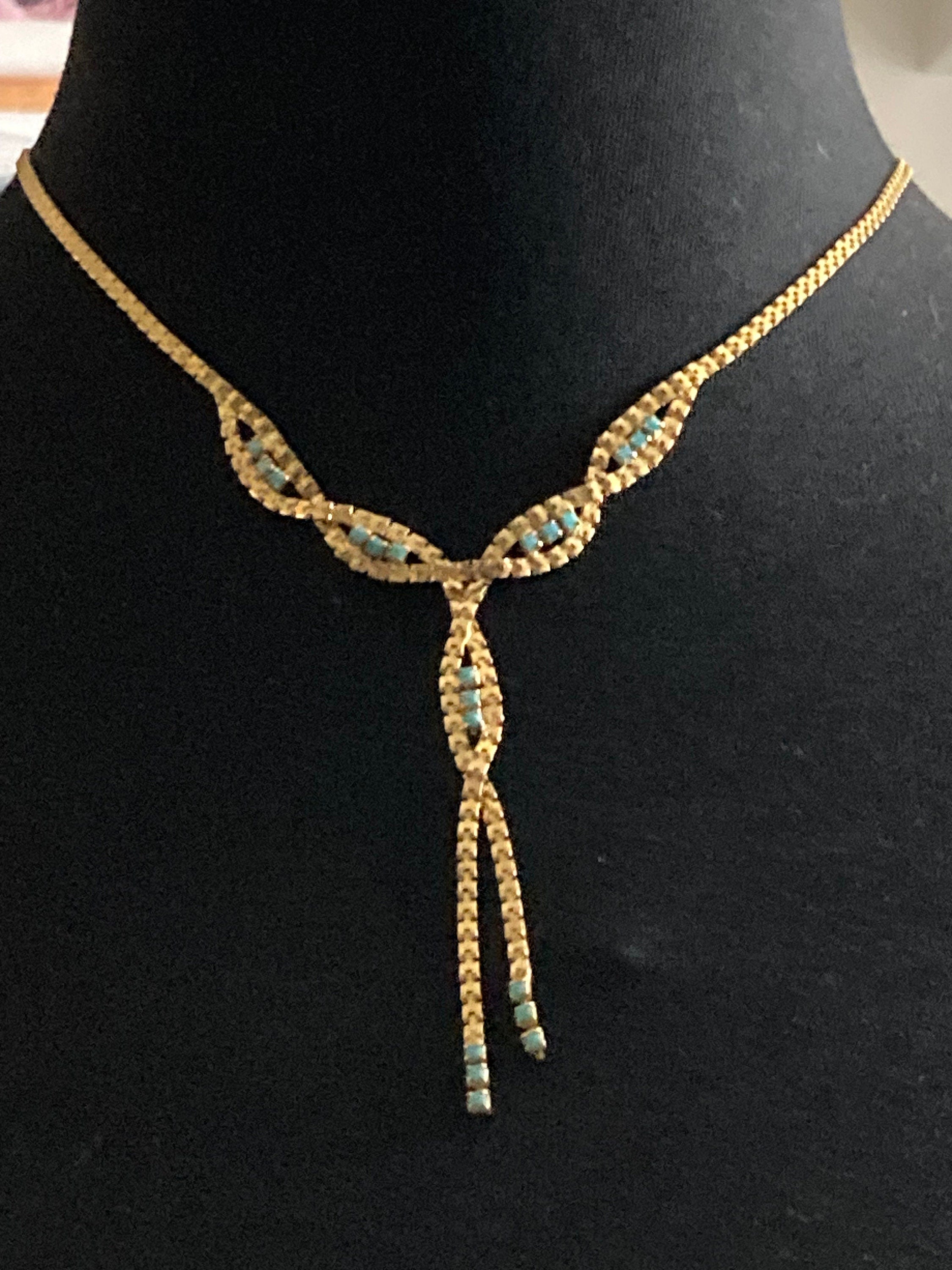 Vintage gold tone mesh lariat drop necklace with turquoise glass paste stones