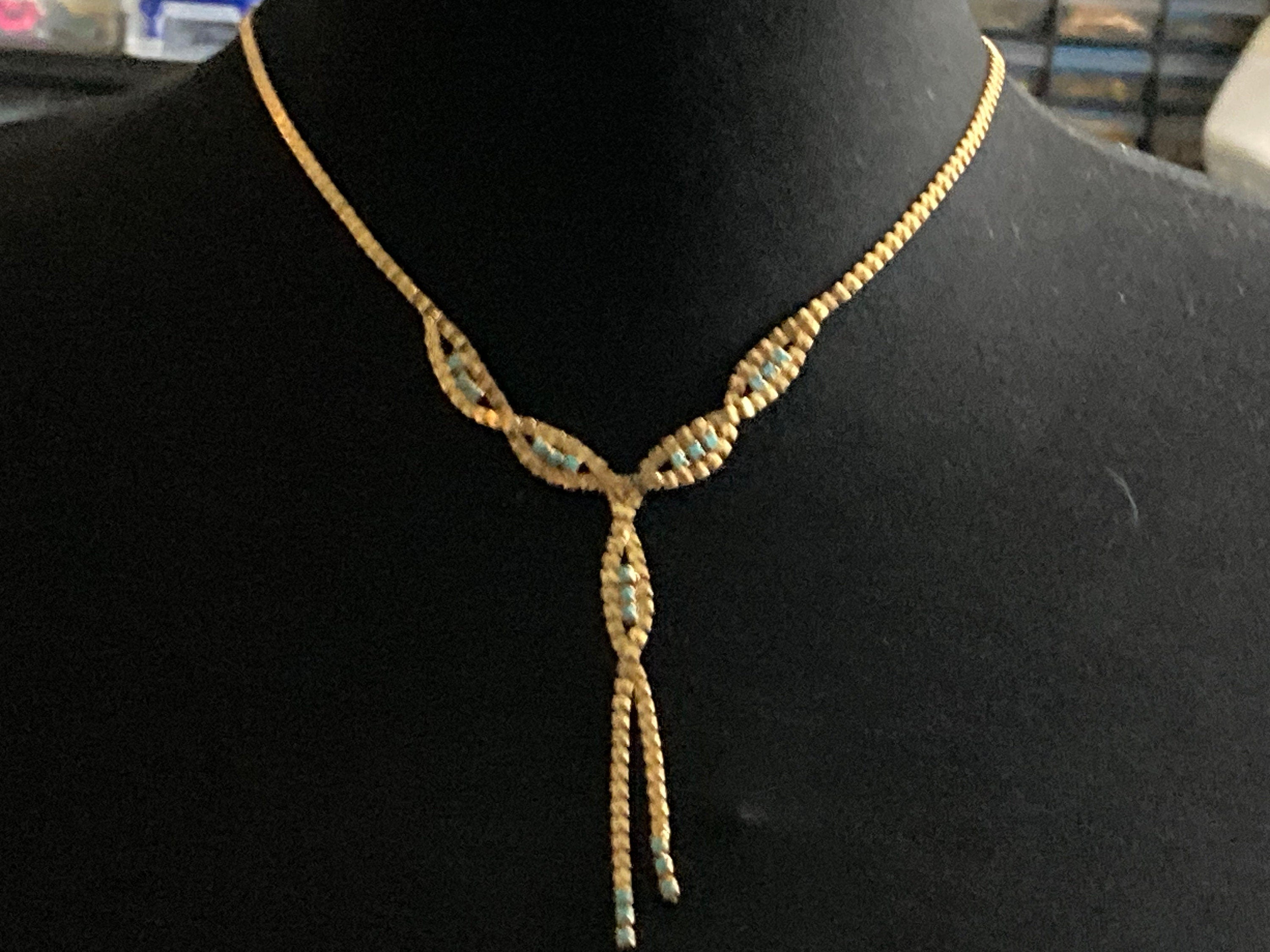 Vintage gold tone mesh lariat drop necklace with turquoise glass paste stones