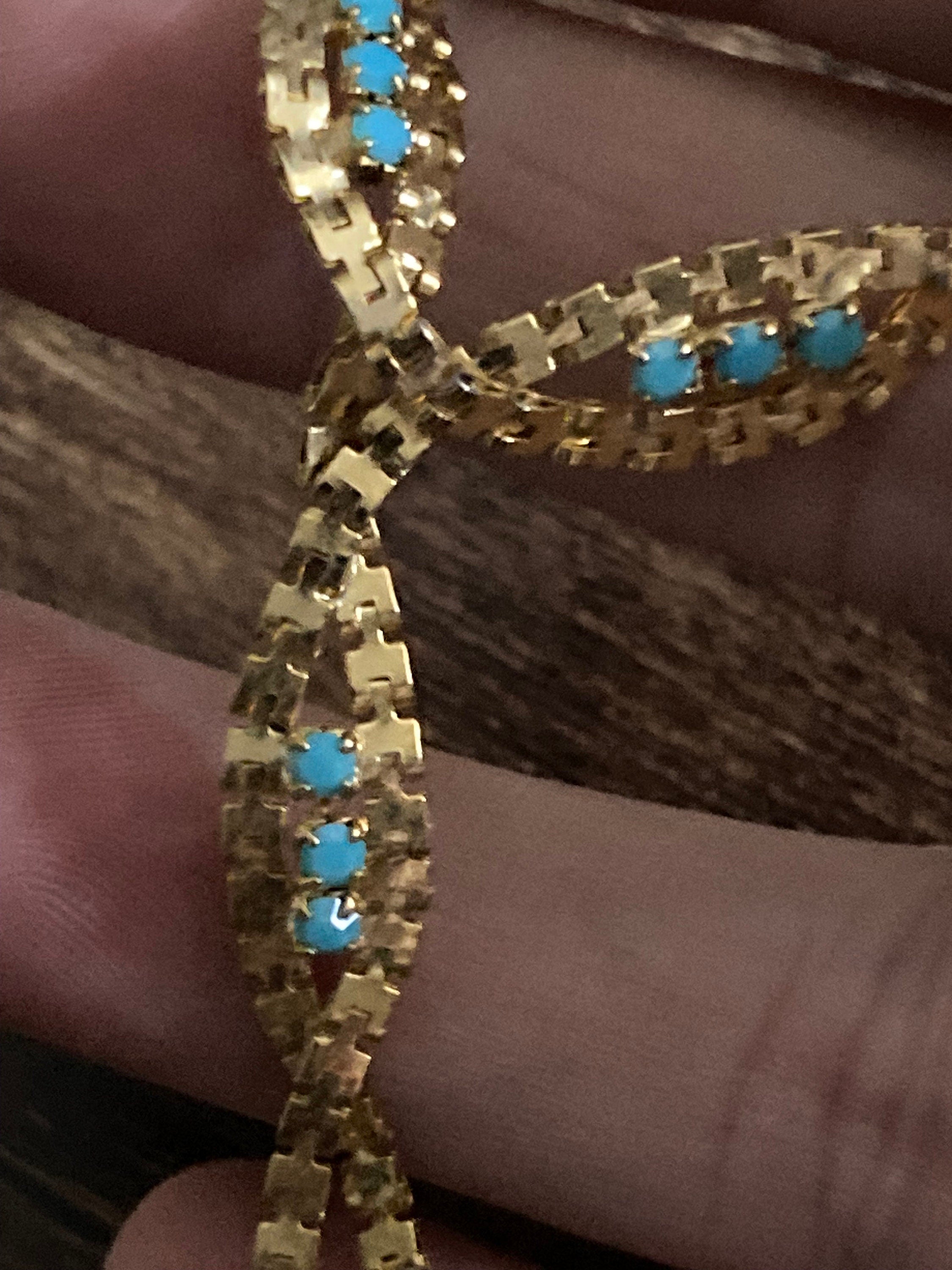 Vintage gold tone mesh lariat drop necklace with turquoise glass paste stones