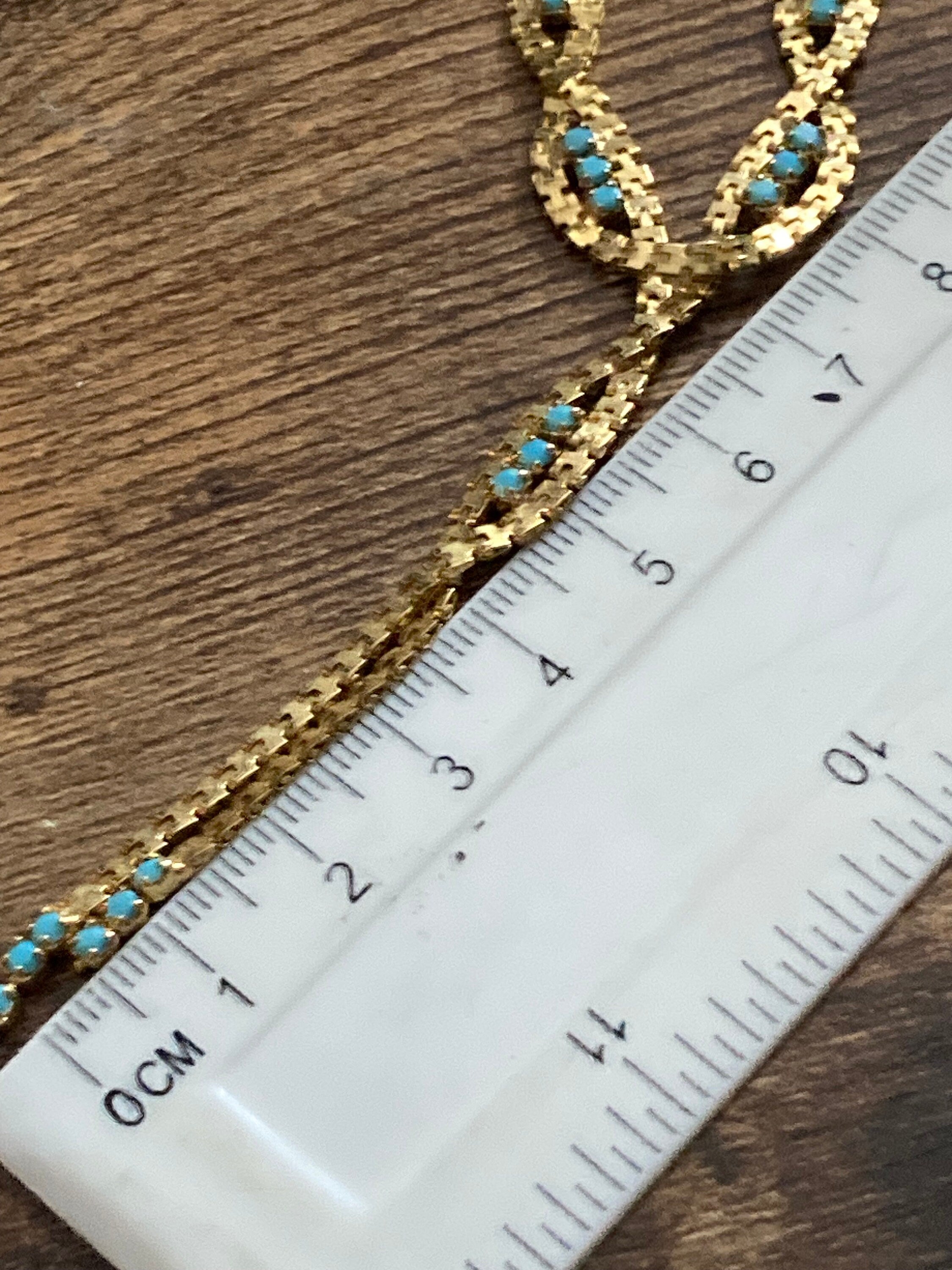 Vintage gold tone mesh lariat drop necklace with turquoise glass paste stones
