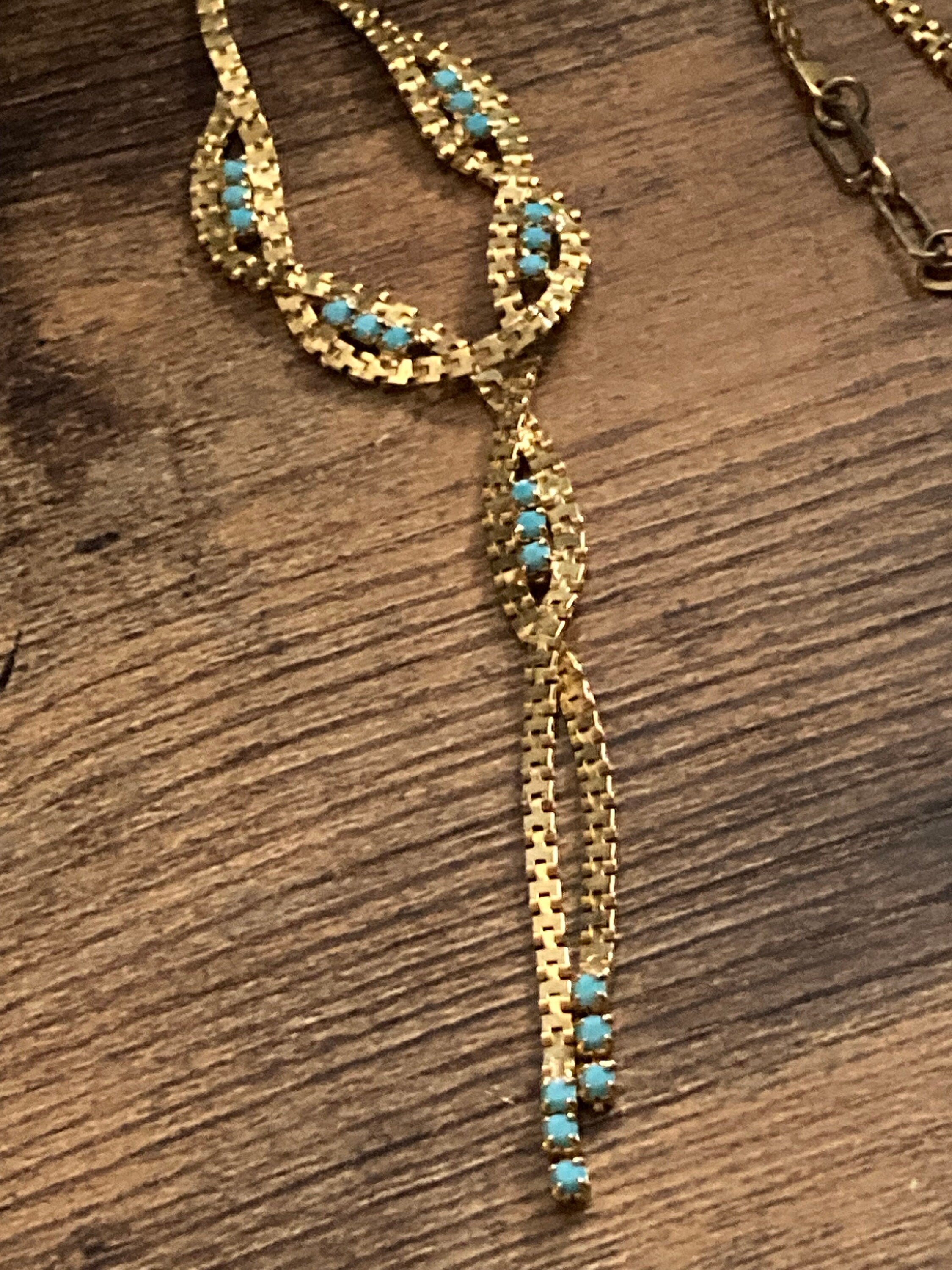 Vintage gold tone mesh lariat drop necklace with turquoise glass paste stones