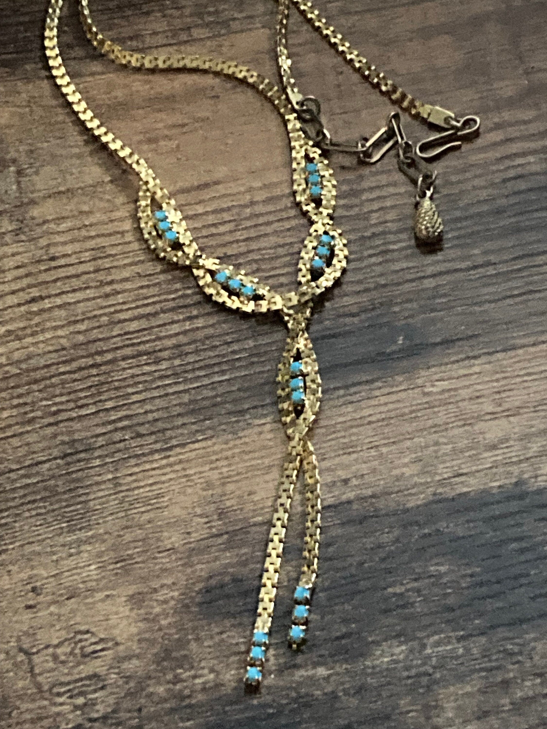Vintage gold tone mesh lariat drop necklace with turquoise glass paste stones