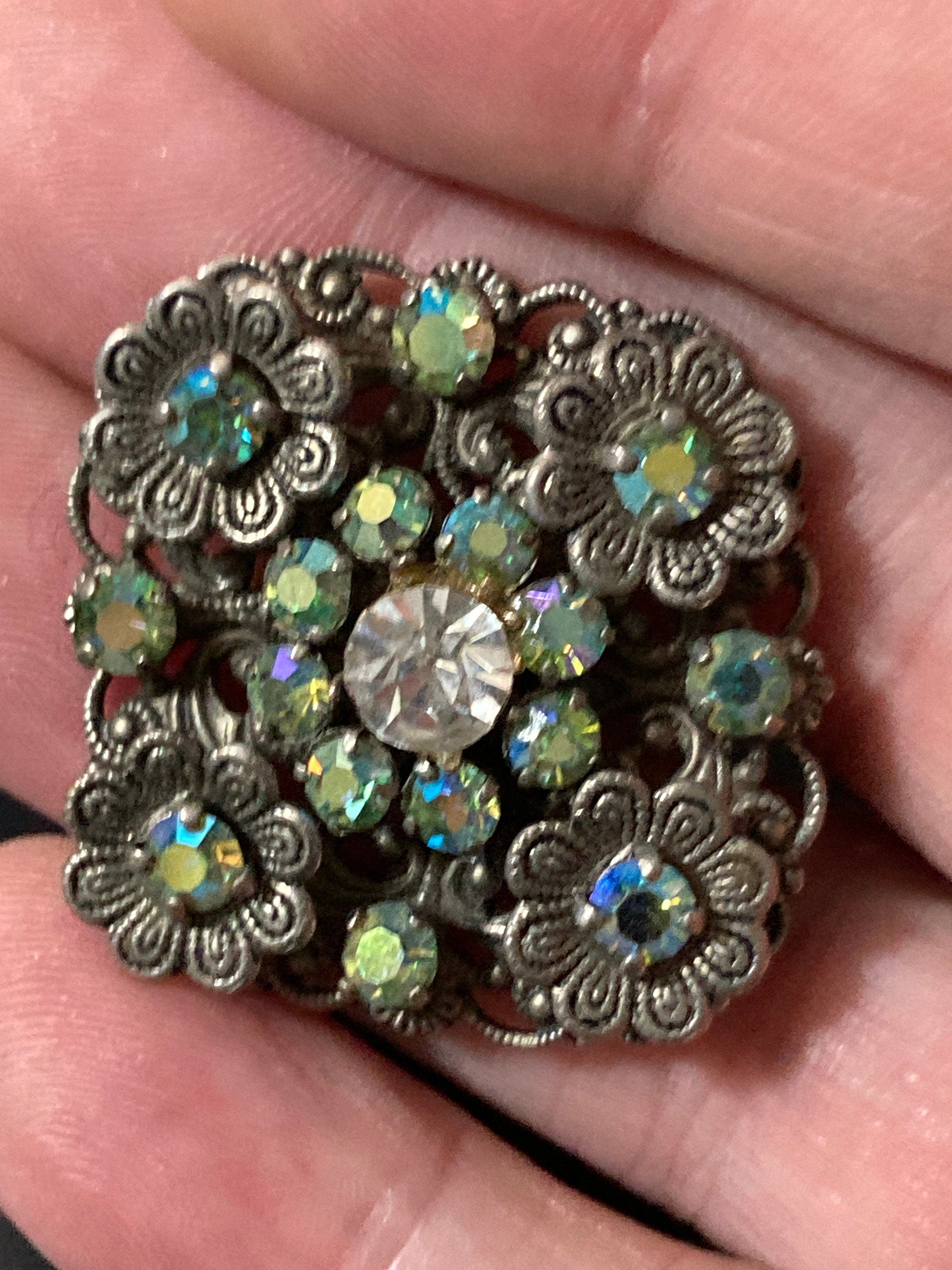 Vintage Czech brass filigree Green AB Aurora Borealis Rhinestone diamanté Brooch