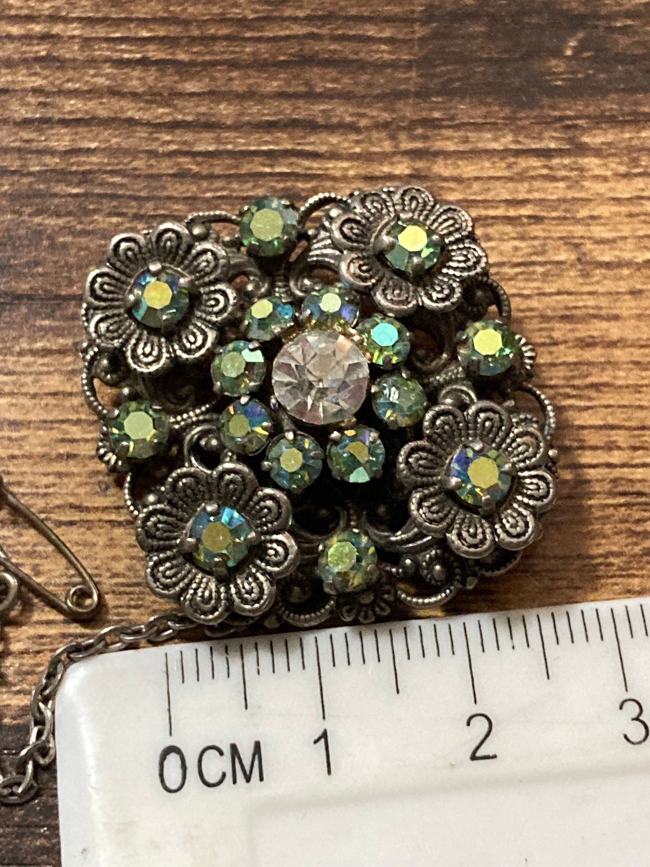Vintage Czech brass filigree Green AB Aurora Borealis Rhinestone diamanté Brooch