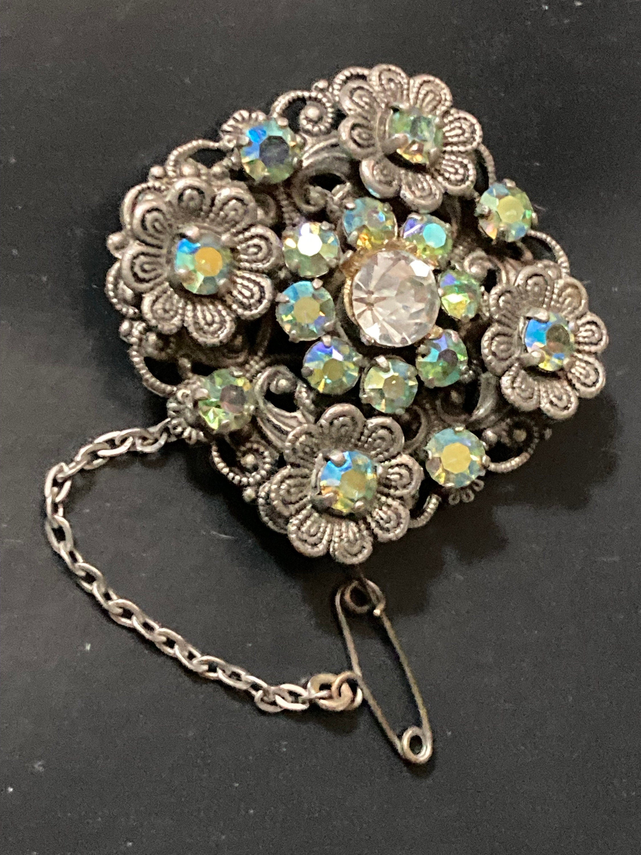 Vintage Czech brass filigree Green AB Aurora Borealis Rhinestone diamanté Brooch