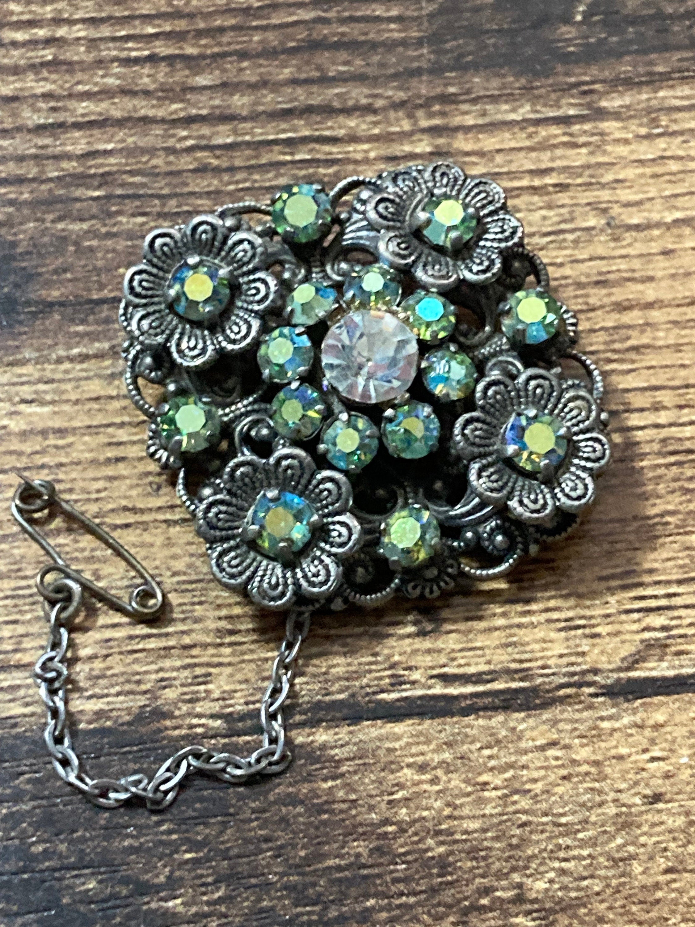Vintage Czech brass filigree Green AB Aurora Borealis Rhinestone diamanté Brooch