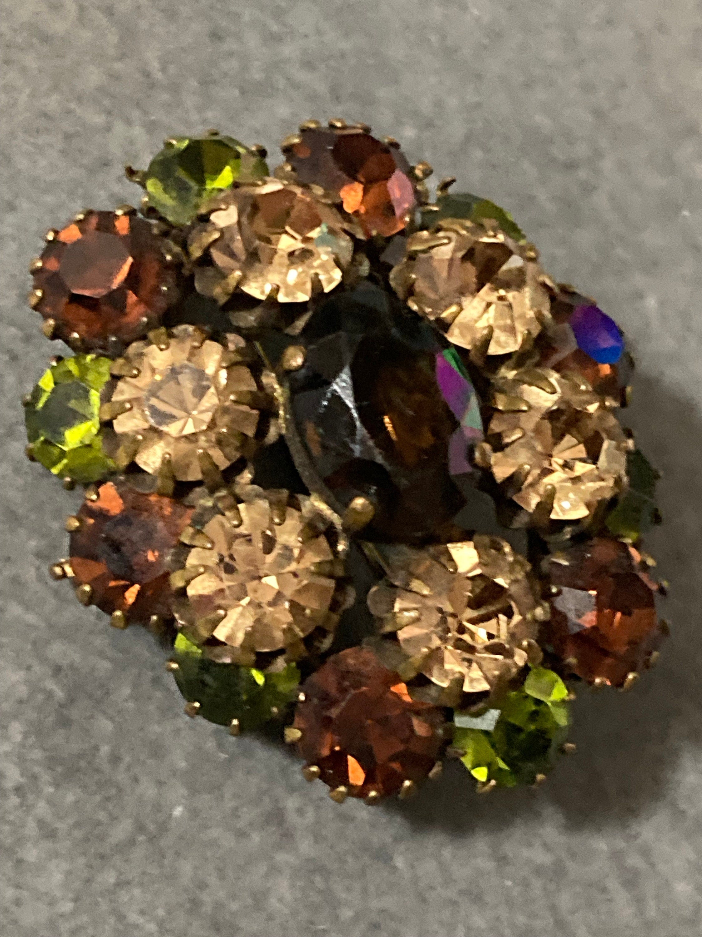 vintage mid century gold tone rhinestone diamanté brooch with pink green brown cognac glass stones