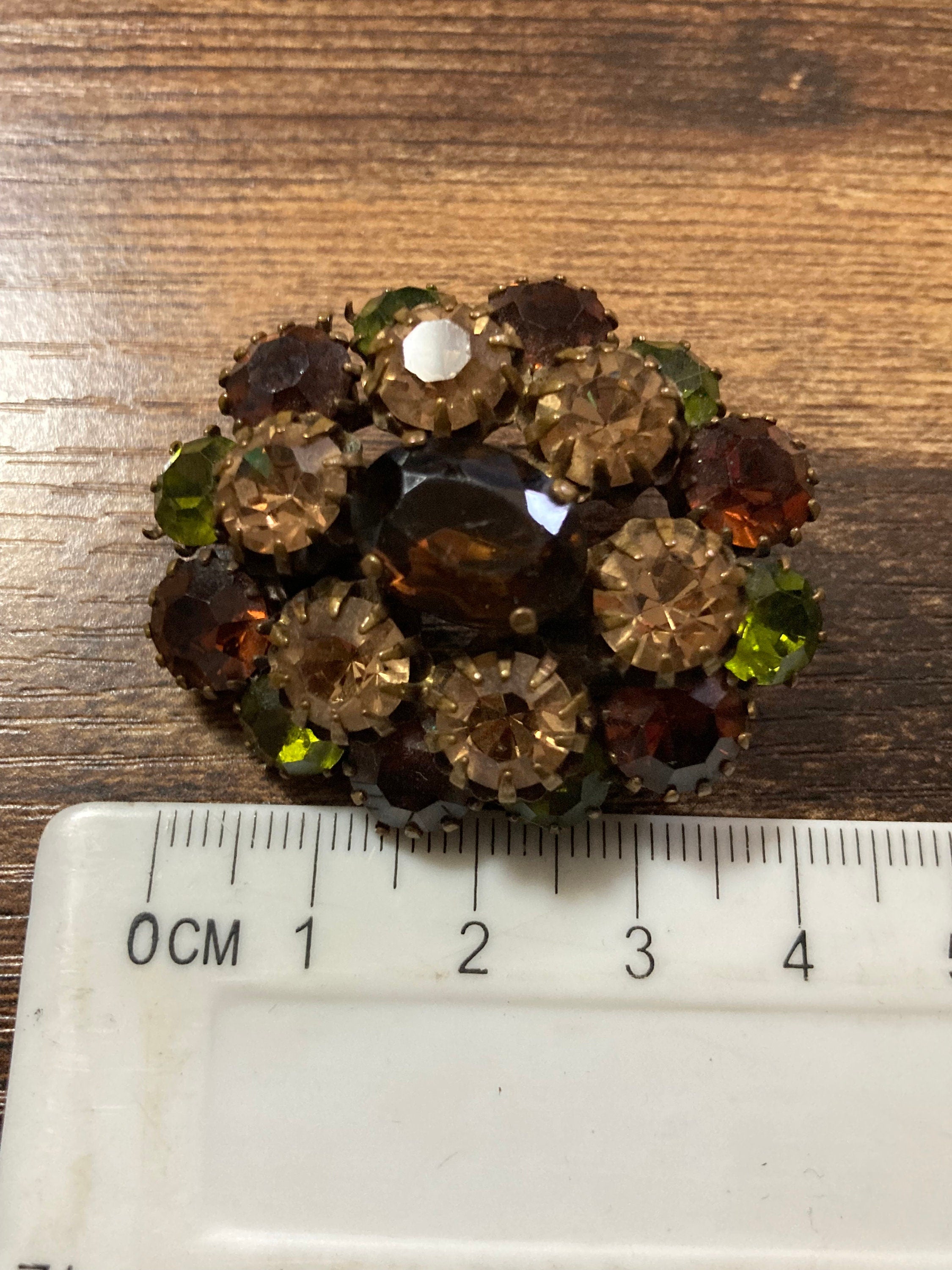 vintage mid century gold tone rhinestone diamanté brooch with pink green brown cognac glass stones