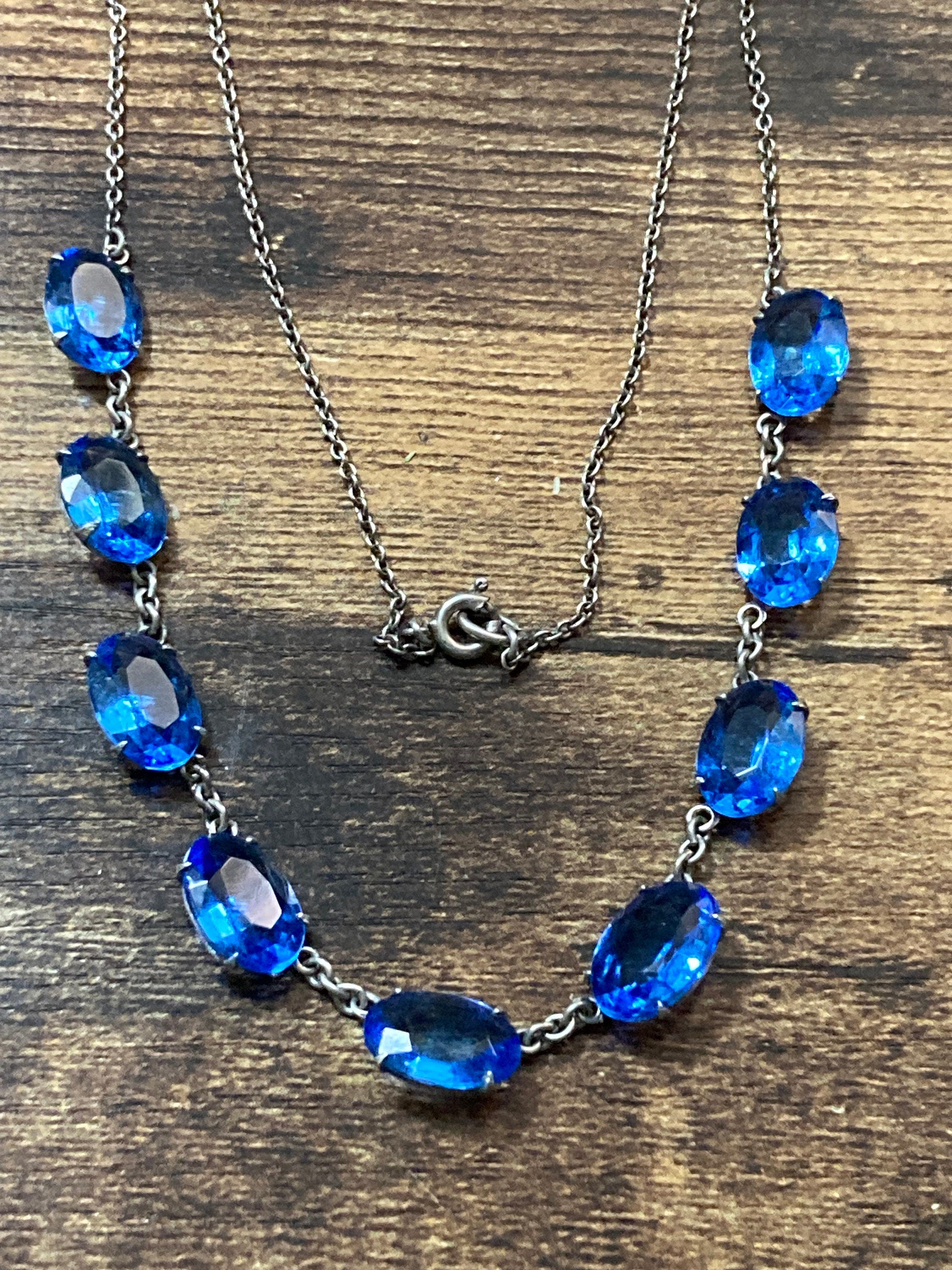 Art deco sapphire blue open back crystal oval bezel set necklace Vintage