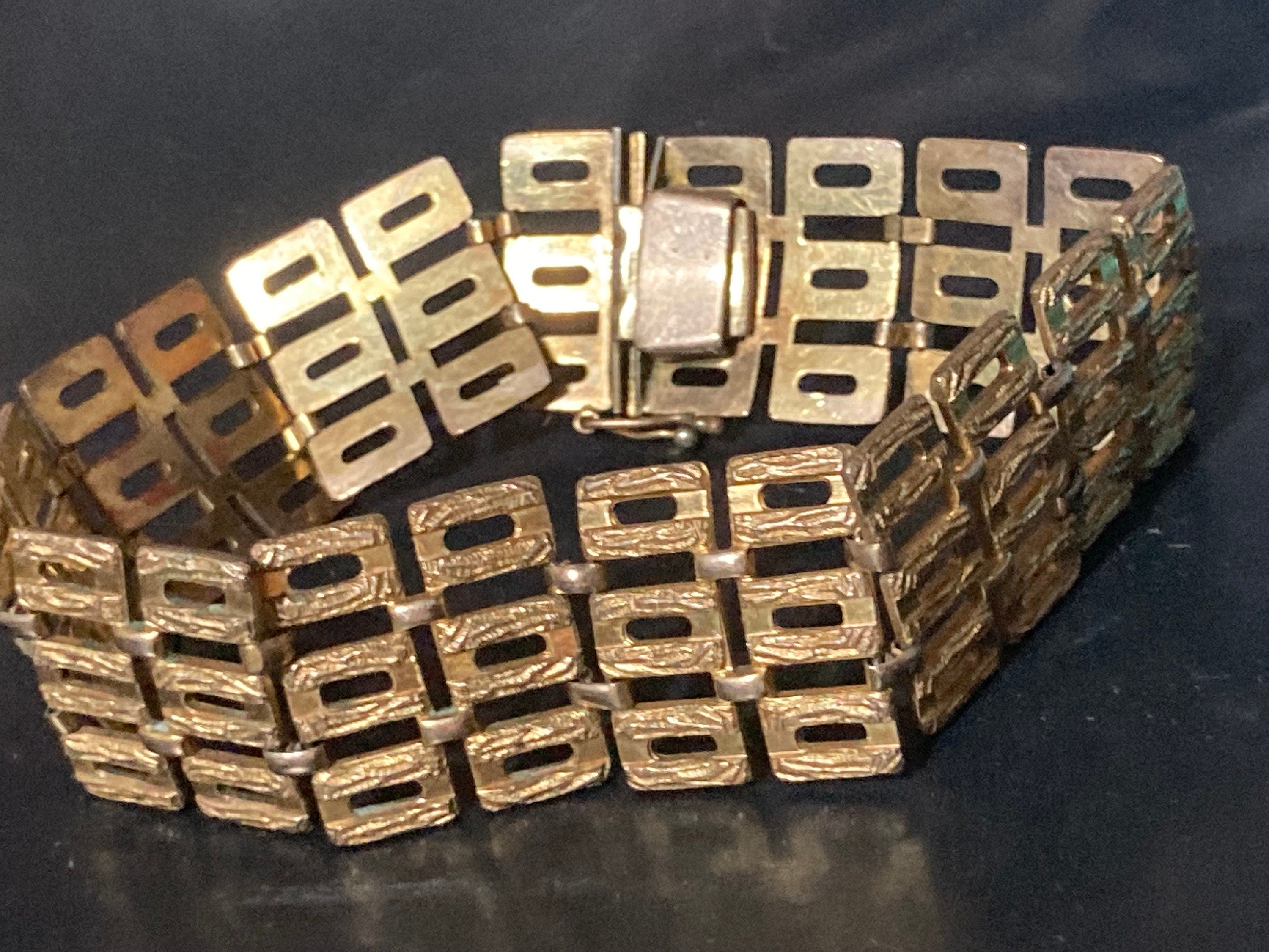 Kollmar & Jourdan Vintage Signed AMERIC KJ Designer 1970s articulated open work rolled gold filled panel bracelet