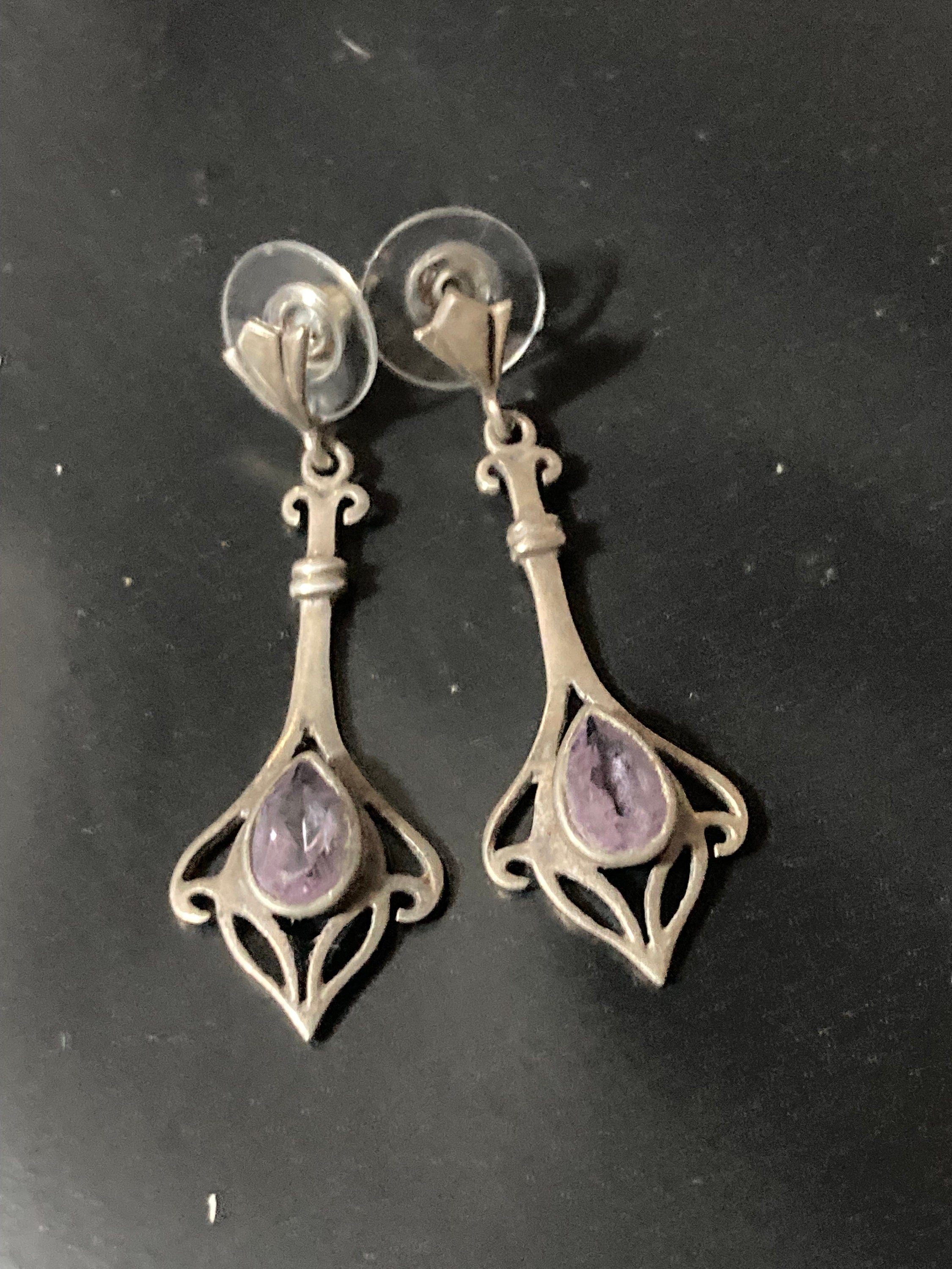 Amethyst gemstone stamped 925 Sterling silver drop earrings
