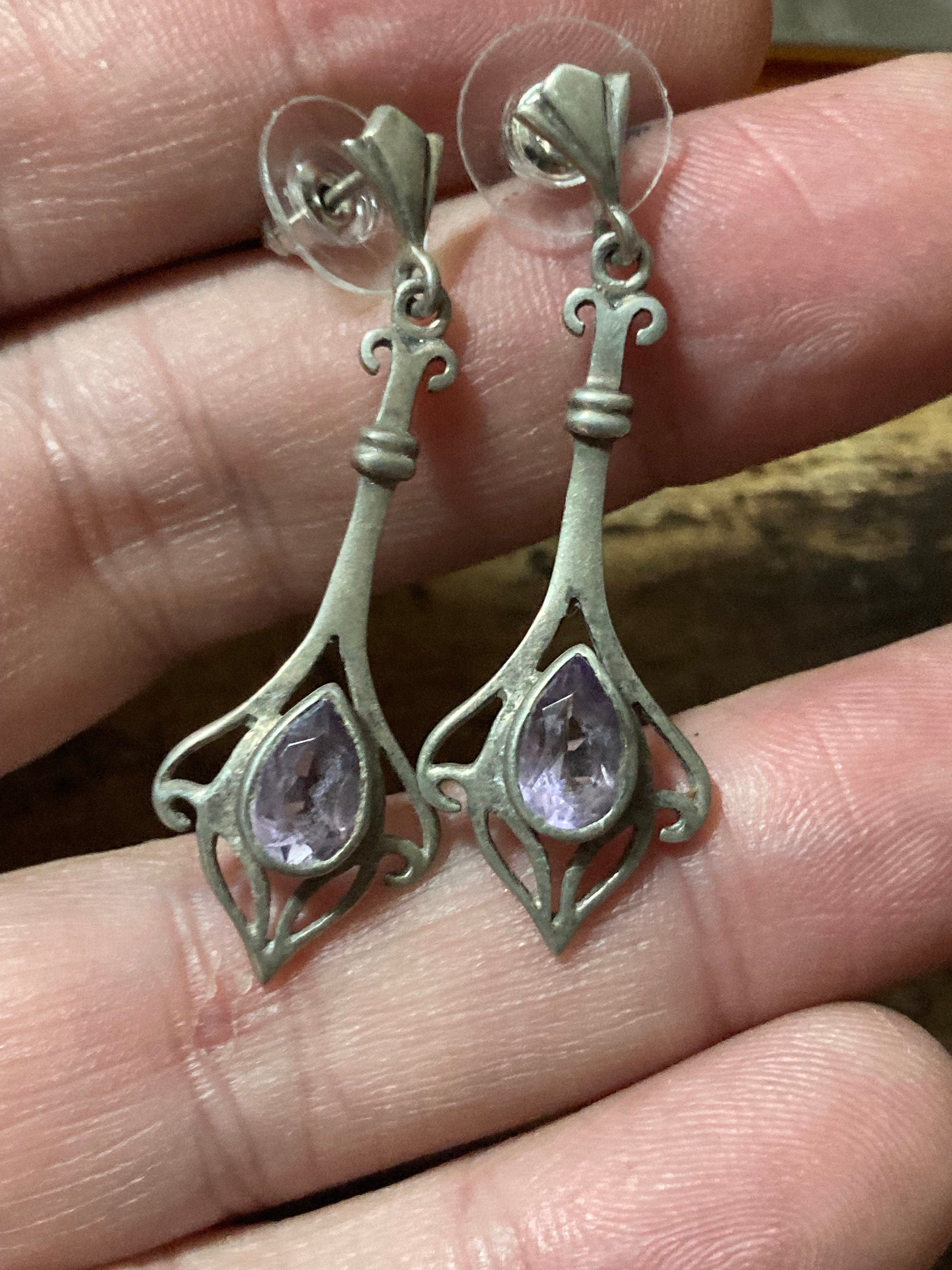 Amethyst gemstone stamped 925 Sterling silver drop earrings
