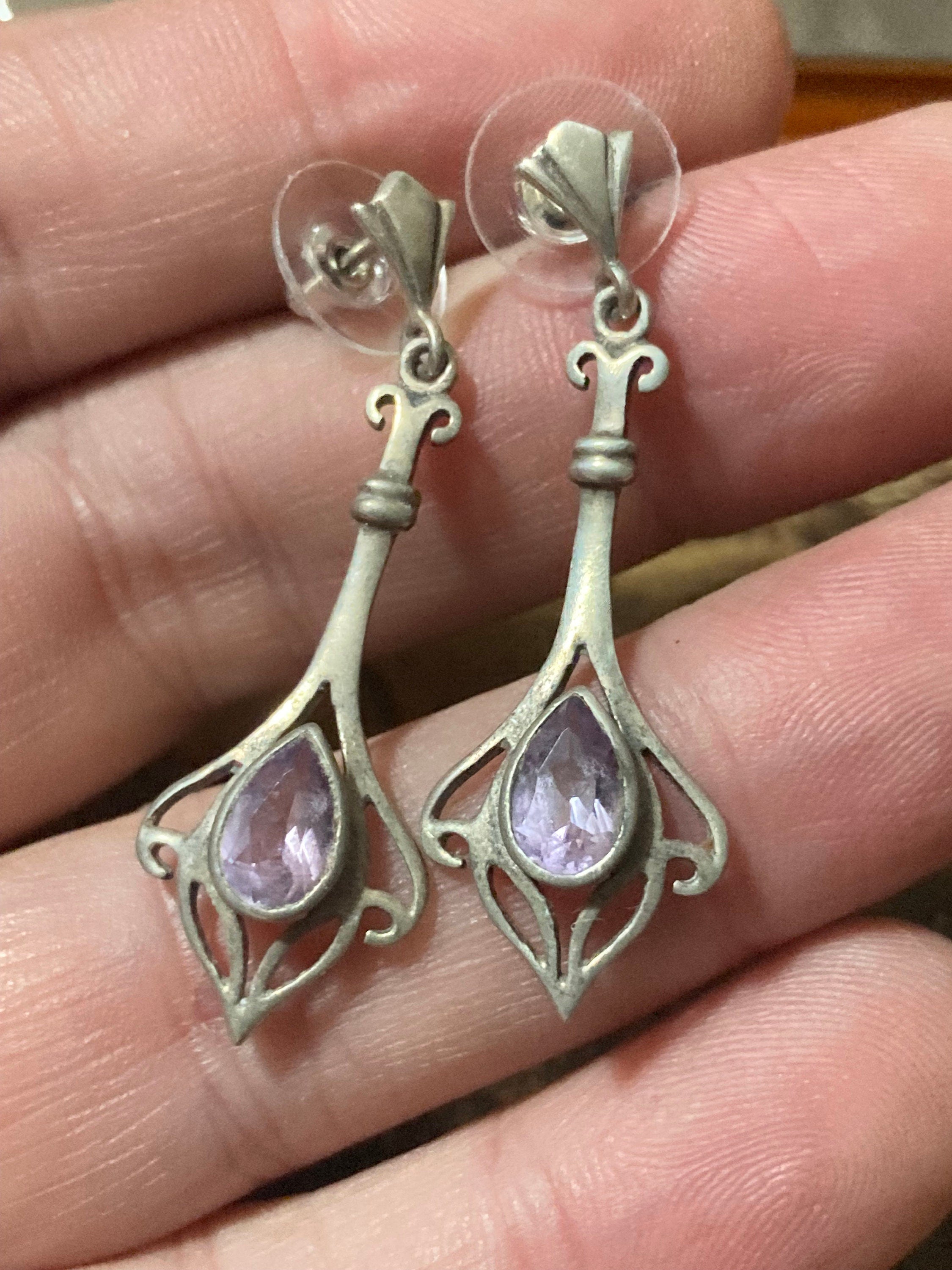 Amethyst gemstone stamped 925 Sterling silver drop earrings