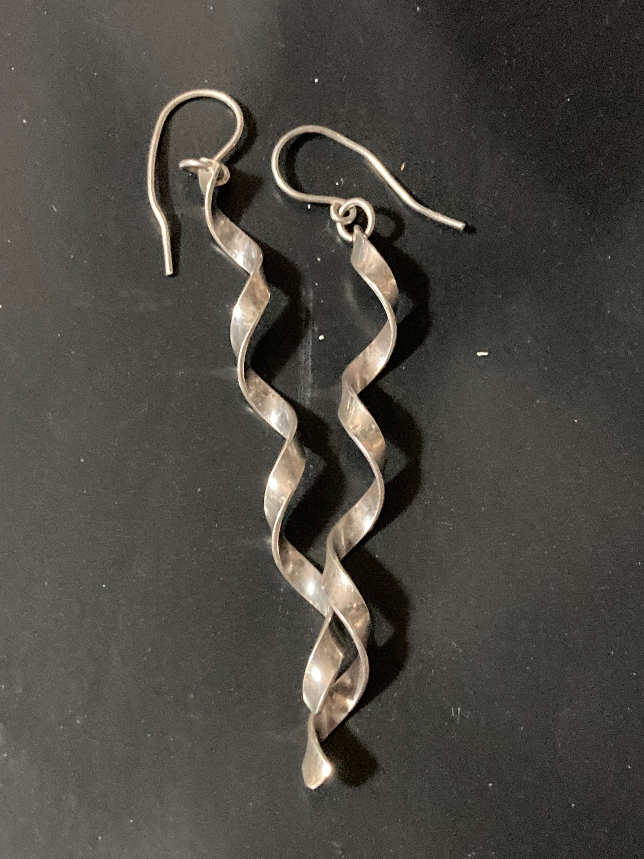 modernist Sterling 925 Silver twisted long dangly Earrings Pierced 7.5cm