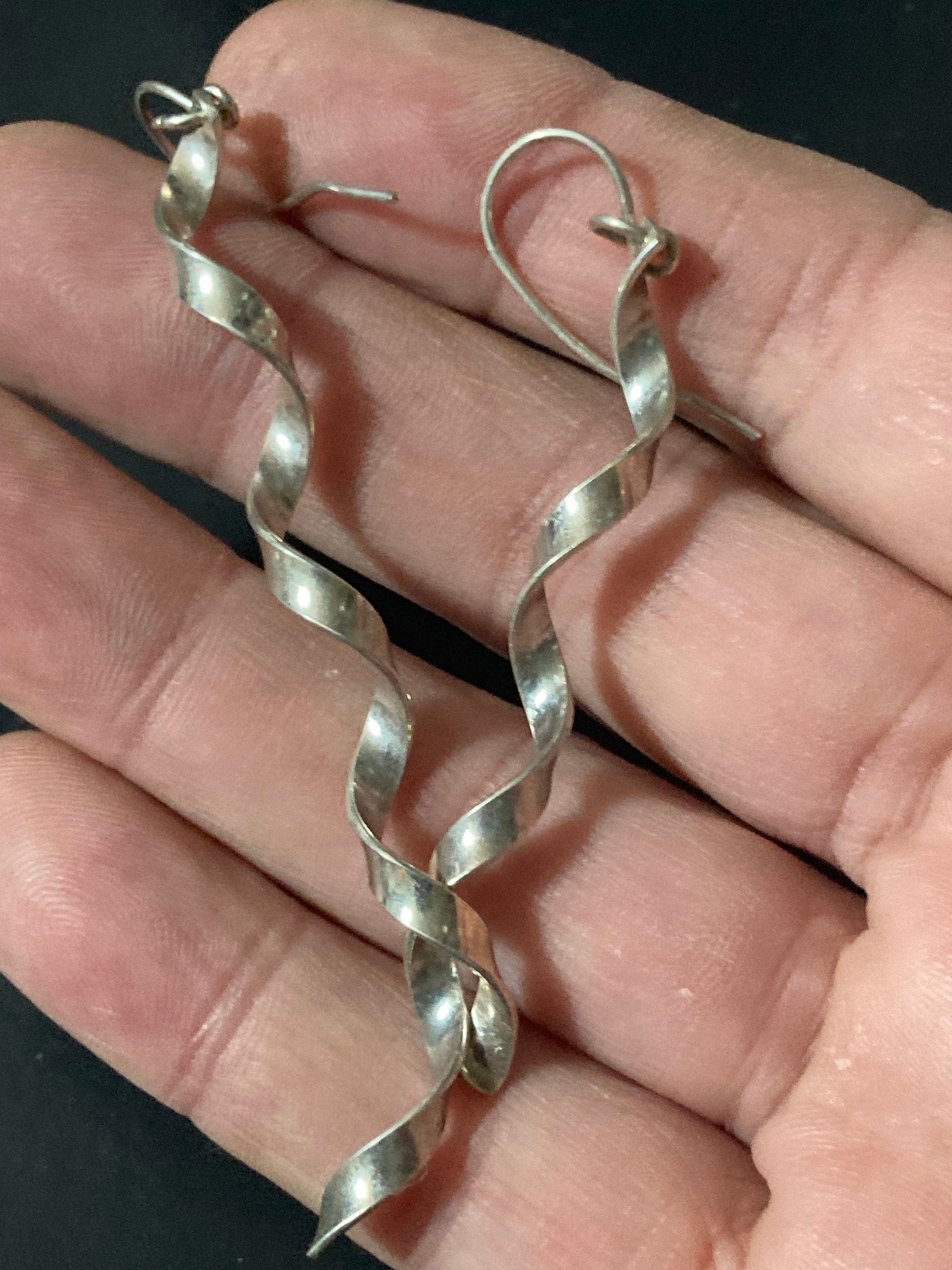modernist Sterling 925 Silver twisted long dangly Earrings Pierced 7.5cm