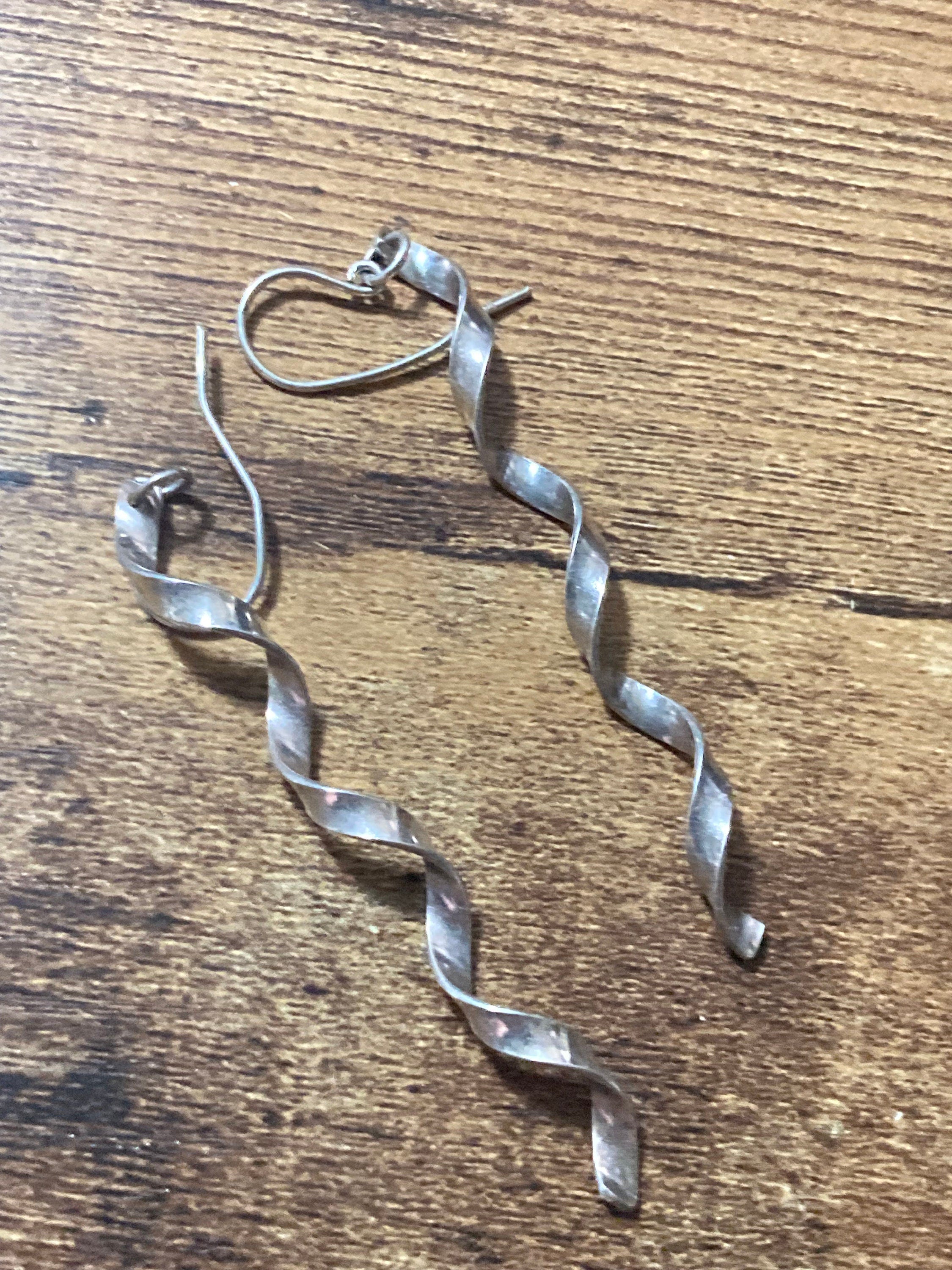 modernist Sterling 925 Silver twisted long dangly Earrings Pierced 7.5cm