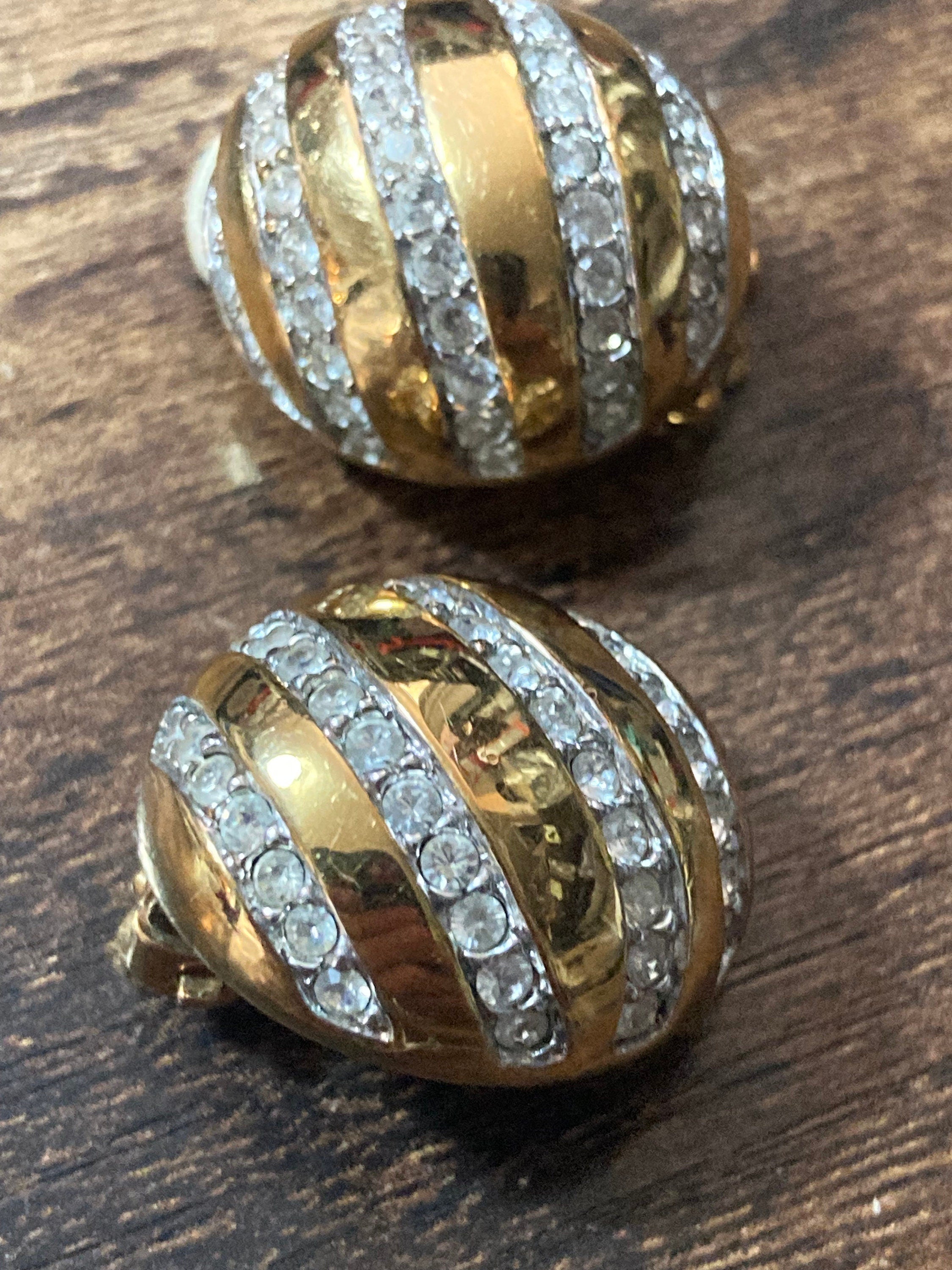 Swarovski clear crystal oval domed clip on stud earrings gold tone signed