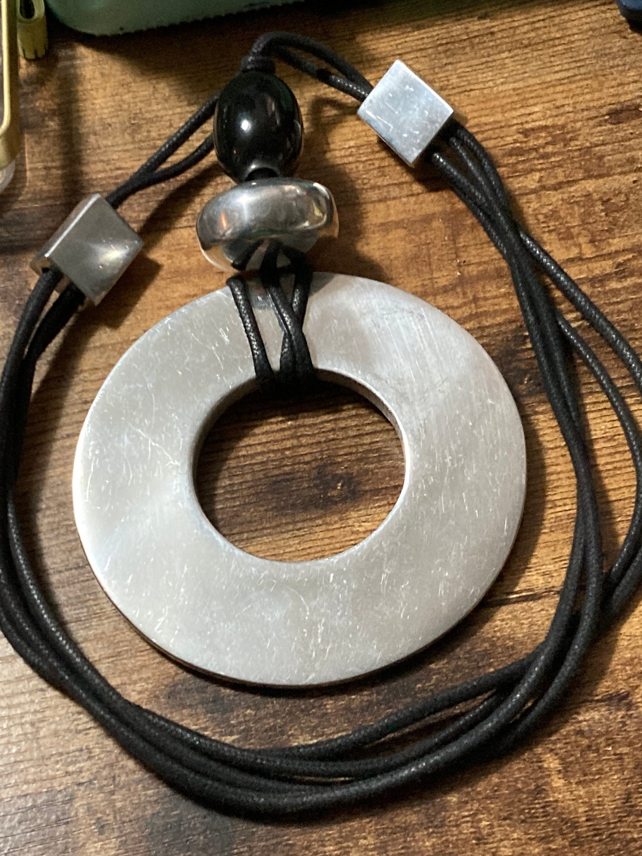 Huge oversized silver metal disc statement necklace black beads adjustable