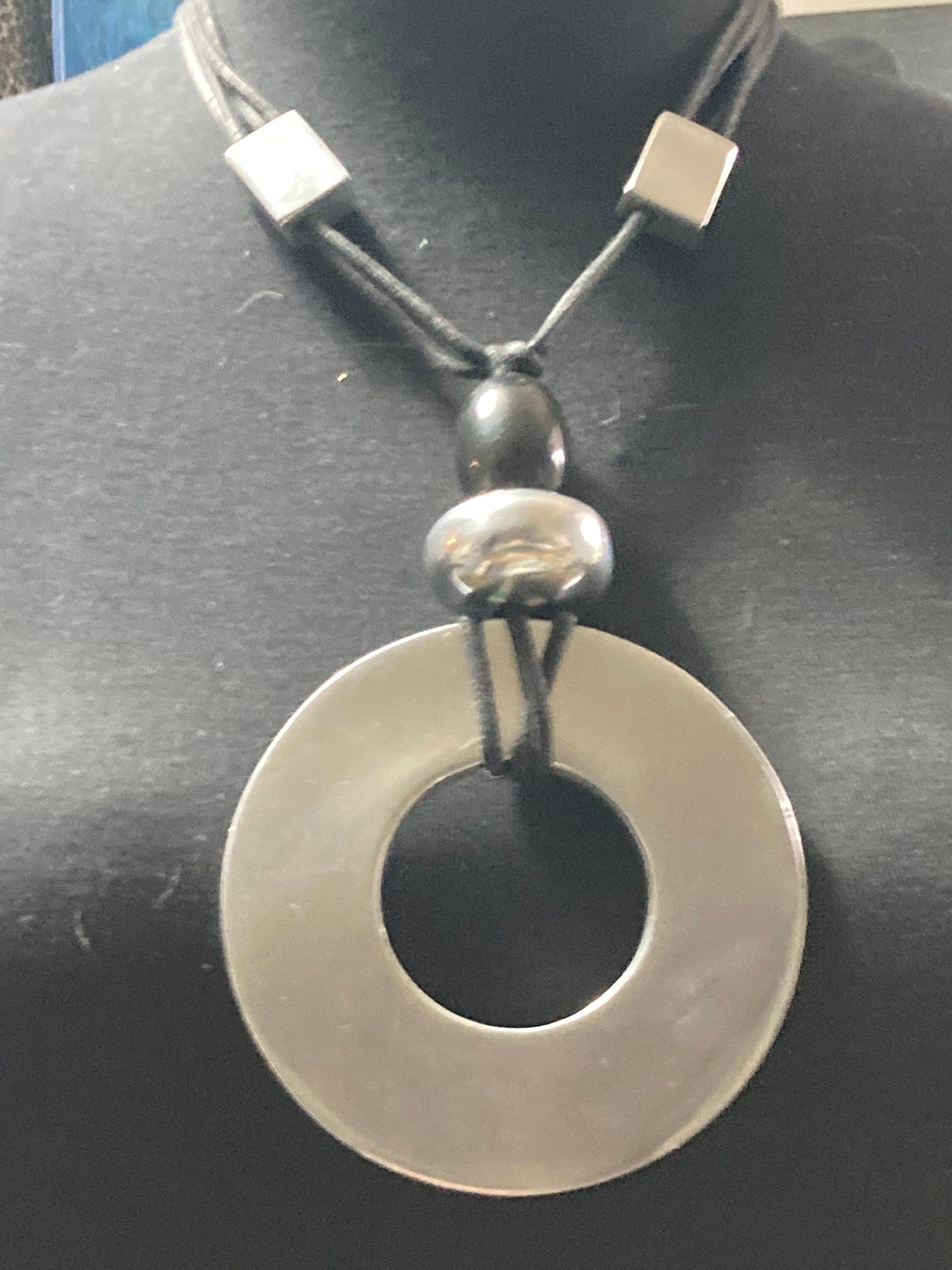 Huge oversized silver metal disc statement necklace black beads adjustable