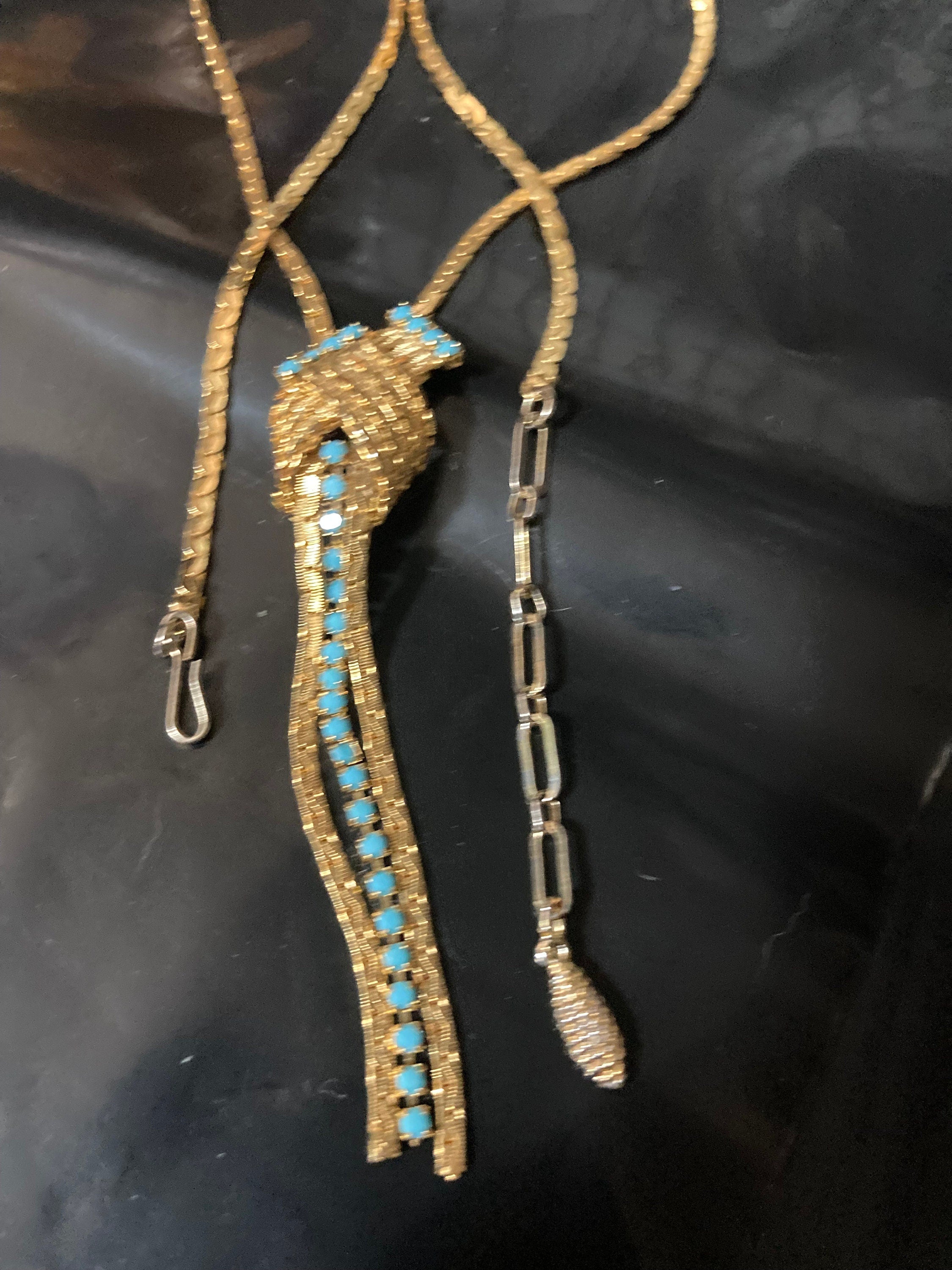 Vintage gold tone mesh lariat drop necklace with turquoise glass paste stones