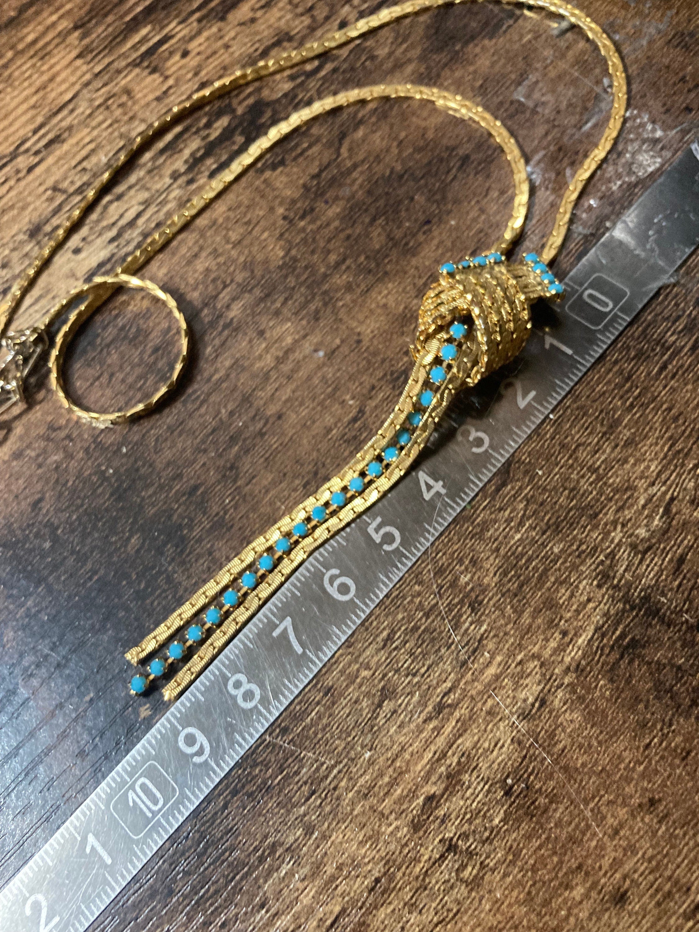 Vintage gold tone mesh lariat drop necklace with turquoise glass paste stones