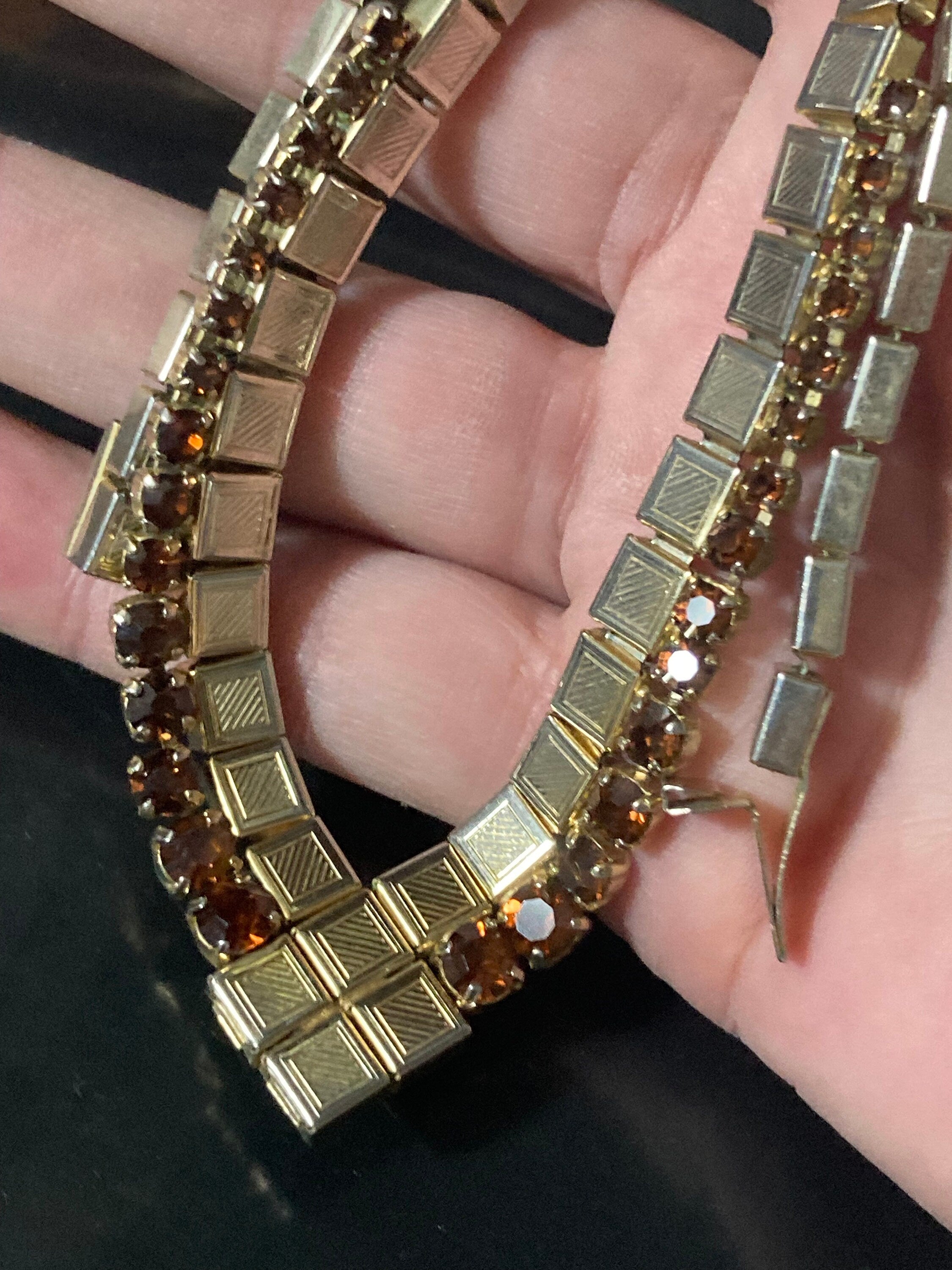 Vintage brown cognac glass diamanté rhinestone choker necklace gold tone mesh