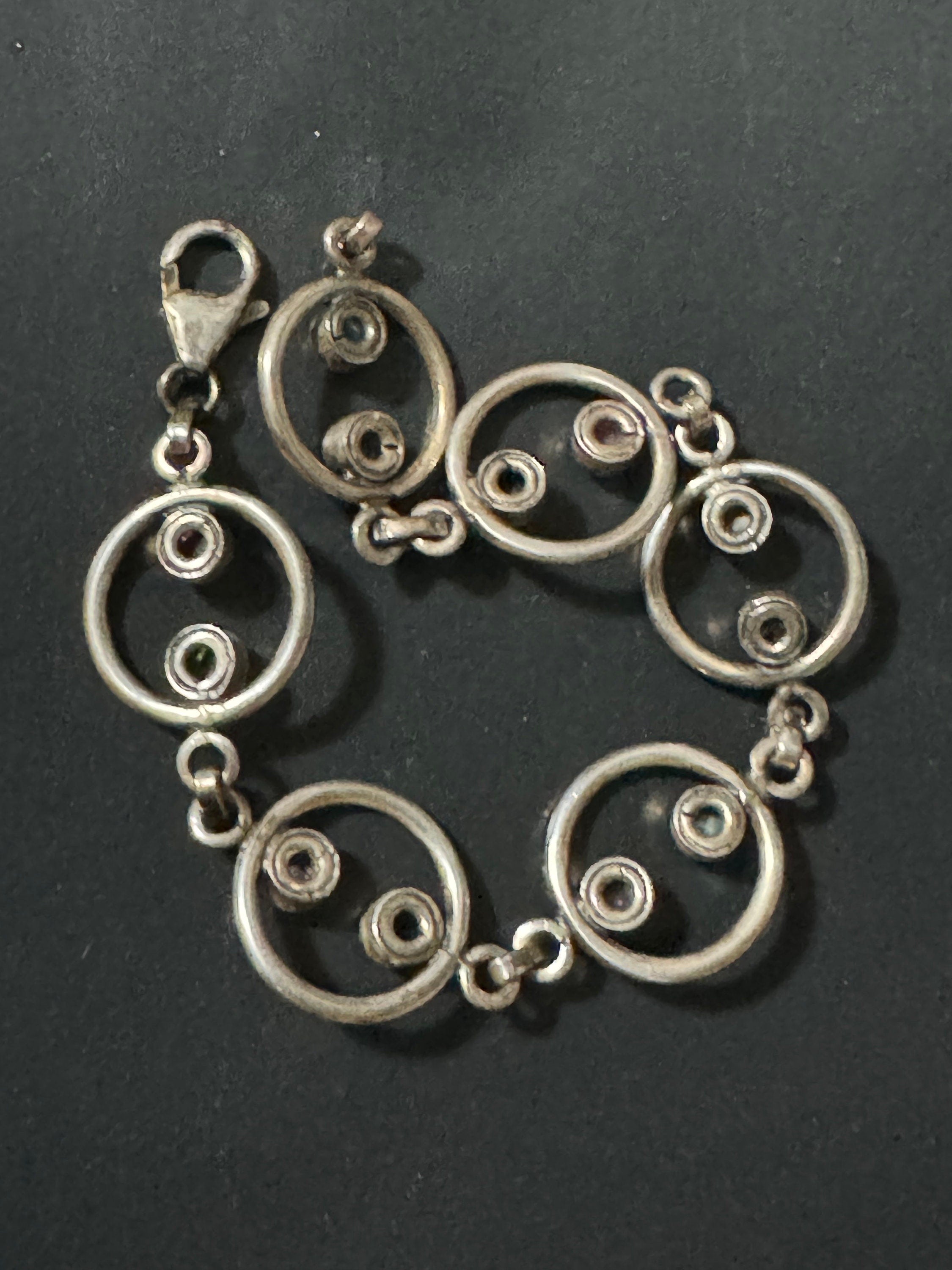 Petite 925 sterling silver modernist gemstone set hoop panel link bracelet 17.5cm 13.7gram