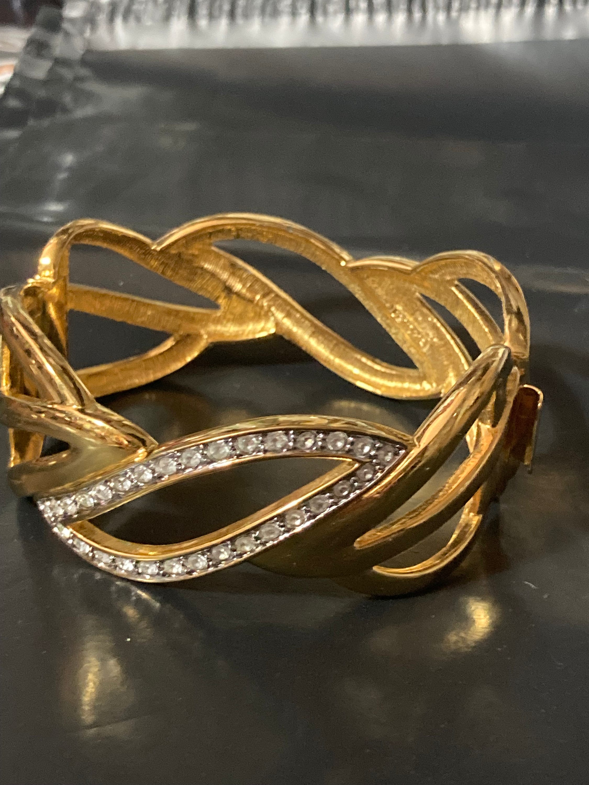 designer MONET signed gold tone wide crystal diamanté set high end clamper bangle bracelet gold tone