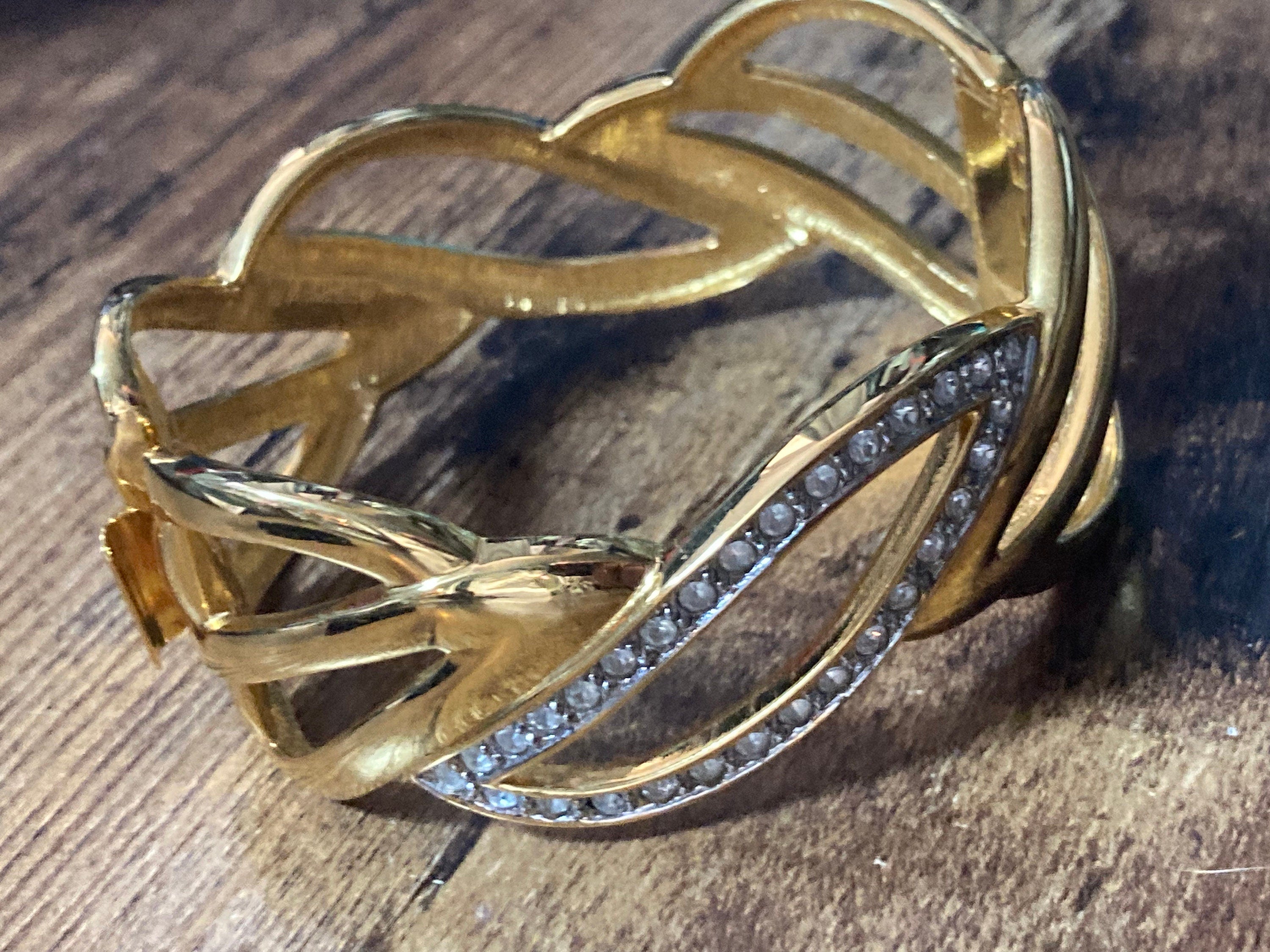 designer MONET signed gold tone wide crystal diamanté set high end clamper bangle bracelet gold tone